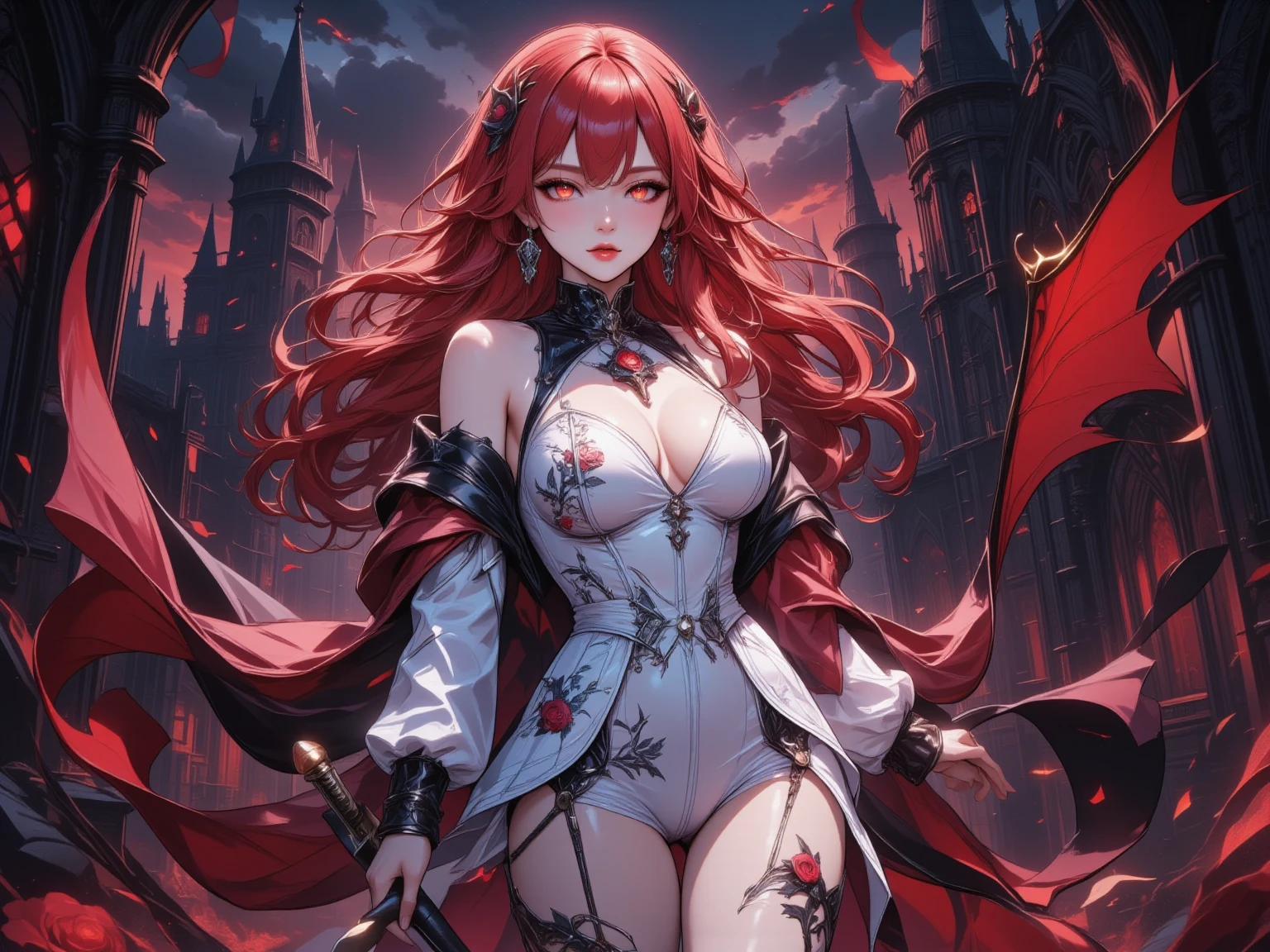 female, sfw, very tall, fit, abs, muscular, thin waist, tan, long auburn hair, scars, ponytail, big hair, wild hair, yellow eyes, slit pupils, red dragon tail, red head fins, red scales on arms, scale hands:1.3, dragon claw hands, day, beaming smile, very large breasts, medieval town, fire tail, white sundress, date,