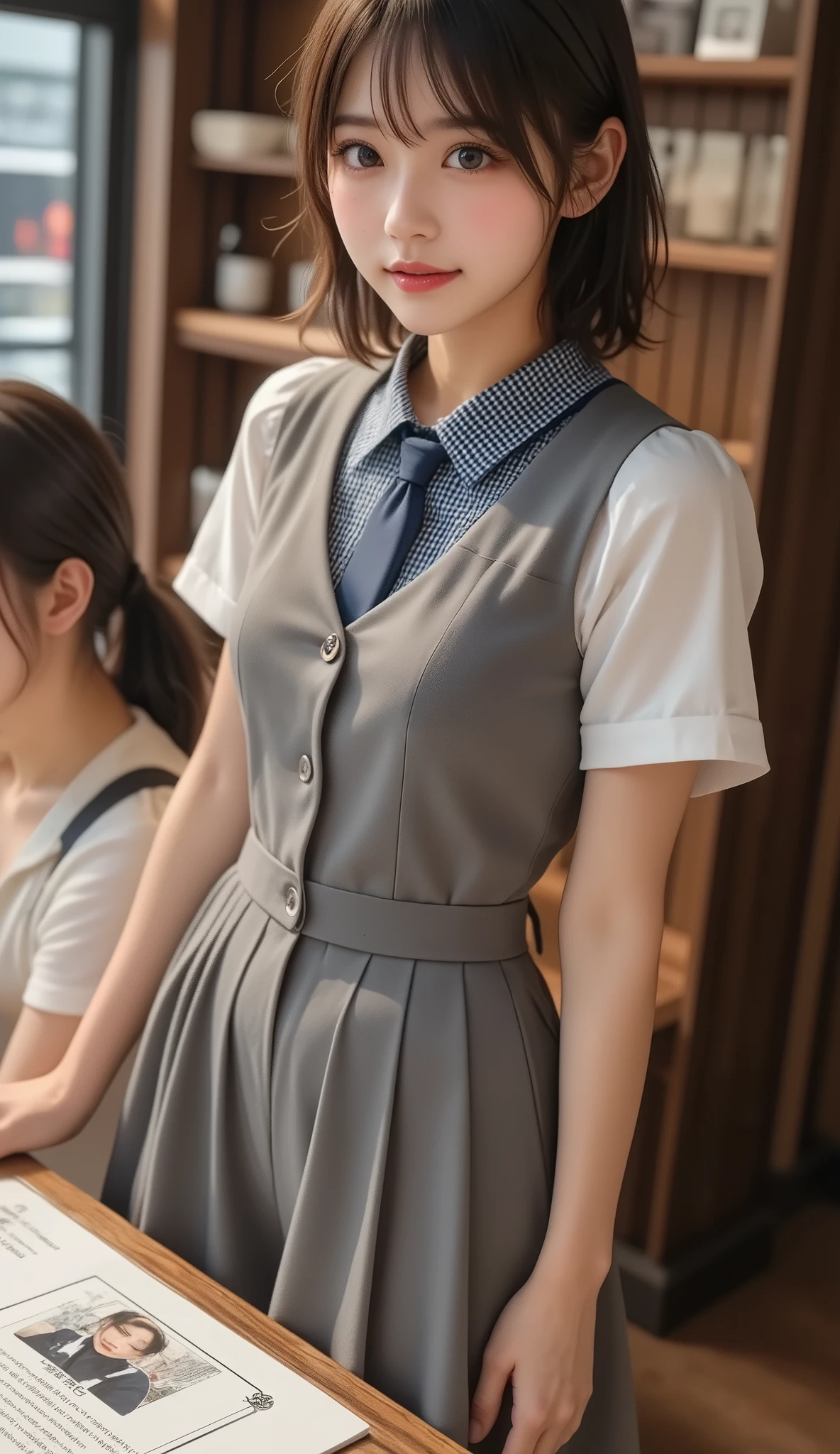 8k,ultra high definition , Highest Quality, Masterpiece,rule of thirds,golden ratio,surreal,Picture, one woman,masterpiece girl,perfect anatomy,short black hair with waist,hairstyle random,white short-sleeved blouse,check vest,medium length skirt,Neat and intelligent clothing,she looks so happy in a photography studio with a simple background,Alone, (Japanese woman in her 20s :1.5),Cute Smiles ,Slim,Beautiful legs,thin legs,Surimi West,She's a receptionist,FULL BODY,Depict all the way to the tip of the foot,wear brown pantyhose on her feet,shiny pantyhose,10 denier,wearing high heels,The color of high heels is random, detailed background, perfect eyes,information,Front Map, Depiction using the rule of thirds, warm lighting