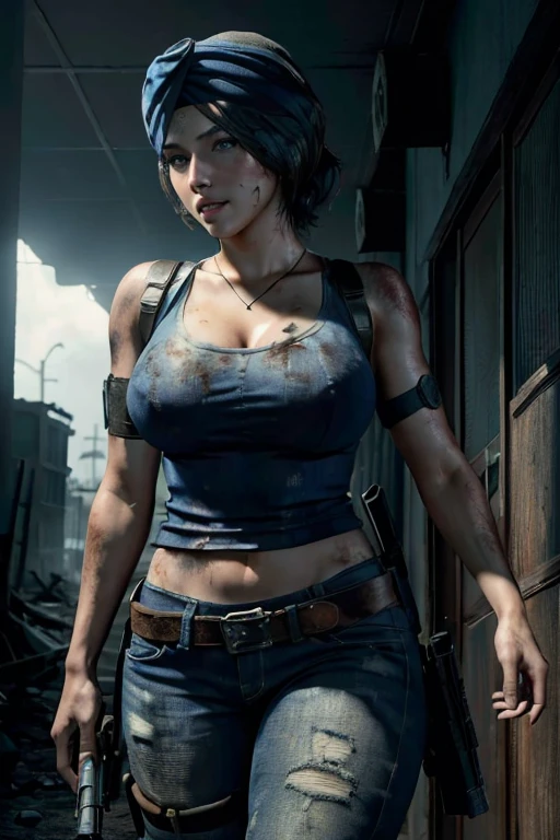 Cowboy shot of jill valentine, short hair, blue top, jean pant, resident evil, zombie apocalypse background