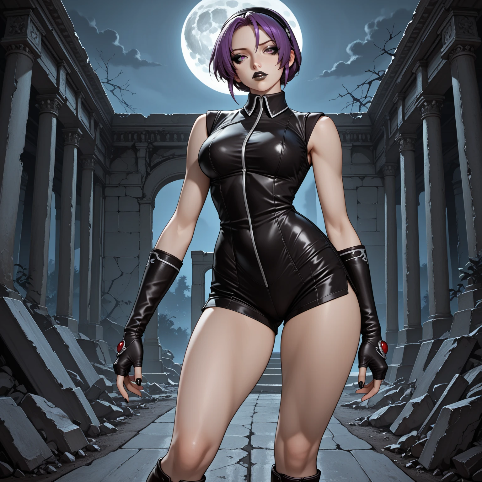 Highly detailed, High Quality, Masterpiece, beautiful, 1girl, solo, mono7DS, short hair, gloves, open jacket, cropped jacket, leather jacket, black jacket, purple bodysuit, belt, boots, <lora:Char_7DS_Mono:0.8>, earth \(planet\), <lora:Style_PlanetSimulator:0.9>, from behind, grey hair,