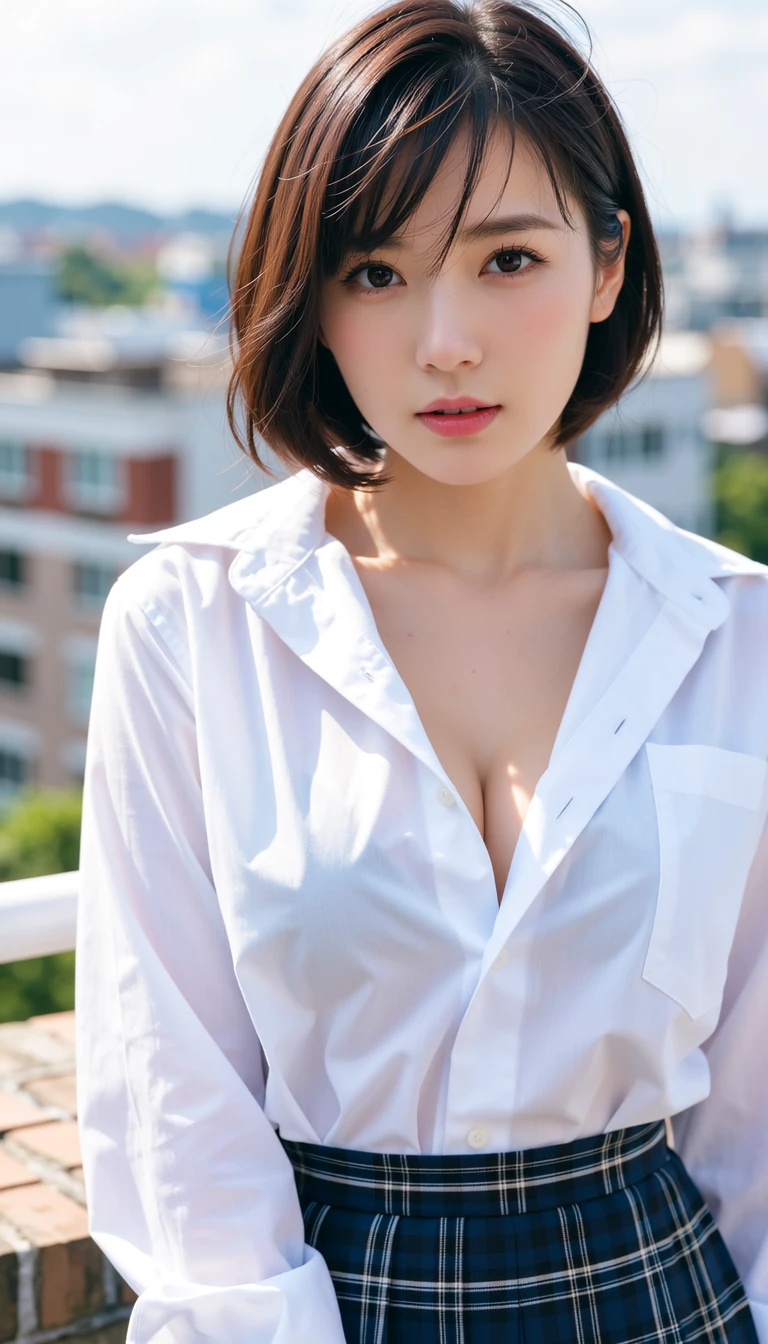 ((Best quality, 8k, Masterpiece: 1.3)), Sharp focus: 1.2, A beautiful woman with perfect body: 1.4, Slim abdomen: 1.2, ((Layered haircut, Large breasts: 1.2)), (no bra) (Small and beautiful hard nipple) (Thin and damp button up to shirt length: 1.1), (White shirt wet by rain), (Rain, Street: 1.2), Wet body: 1.1, Highly detailed face and skin texture, Detailed eyes, Double eyelid,