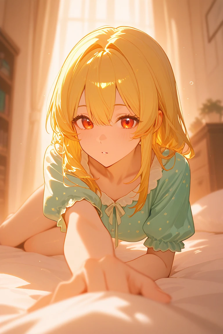 A girl with yellow hair sits on the bed without clothes.