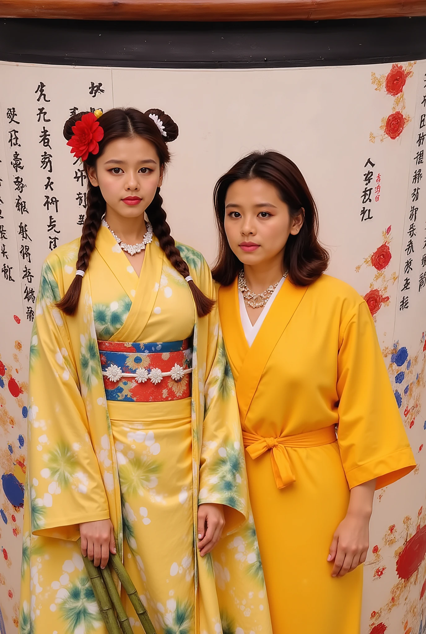 A young woman is portrayed wearing a traditional Japanese outfit with vibrant colors. Her attire features a kimono with a yellow and green color scheme, adorned with a detailed patterned fabric underneath. The woman has long brown hair styled in two braids, with decorative hairpins and a red flower adding to her elegant appearance. She holds a bamboo accessory, contributing to the traditional aesthetic. To her side, partially visible, is an older man wearing a contrasting yellow robe, with a mustache and long dark hair, suggesting a historical or cultural context. The background contains intricate designs, possibly indicative of Japanese art. Various Japanese characters are displayed prominently, adding contextual richness to the scene. The overall image embodies a classic and refined style, with a subtle play of light highlighting the fabric's texture and the vividness of the colors.