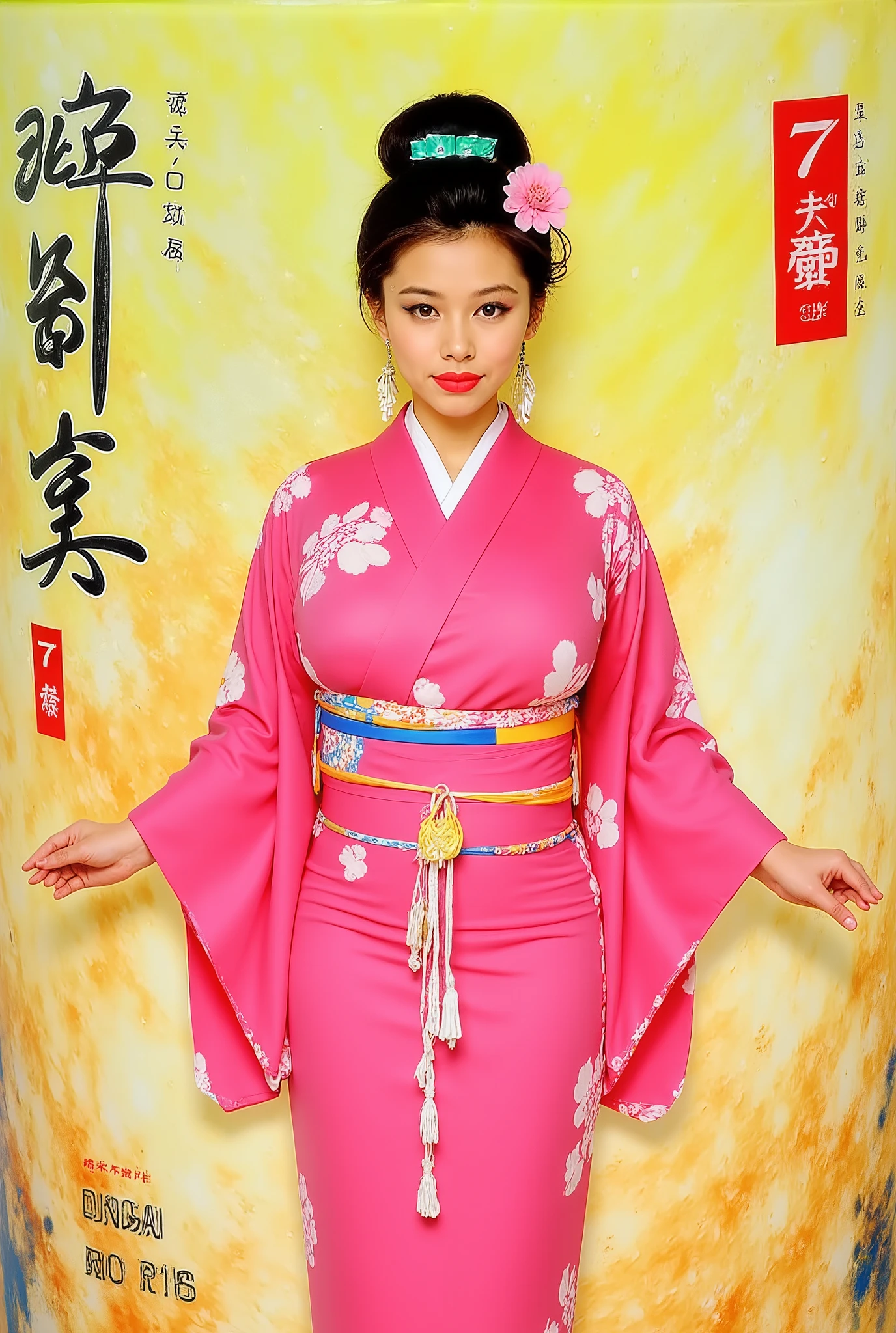 A vibrant anime character stands against a textured backdrop with shades of yellow-green and tan, accentuated by abstract patterns. Her long, dark hair is styled neatly into a top bun secured with a jade green hairpin beside decorative pink flowers. She wears a traditional Japanese kimono, predominantly pink with a delicate floral pattern, and a deeper pink sash intricately wrapped around her waist. The kimono elegantly drapes her shoulders and arms, displaying layered textiles of contrasting hues. Decorative ribbons and charms hang from her obi belt, adding to the intricate design. The composition includes bold Japanese characters in a stylized calligraphic font down the left side and a prominent red number "7," suggesting this is cover art for a series or chapter. The bottom right corner features a "DOJIN R18" label, indicating content intended for an adult audience. The overall mood is colorful and traditional, with modern elements.