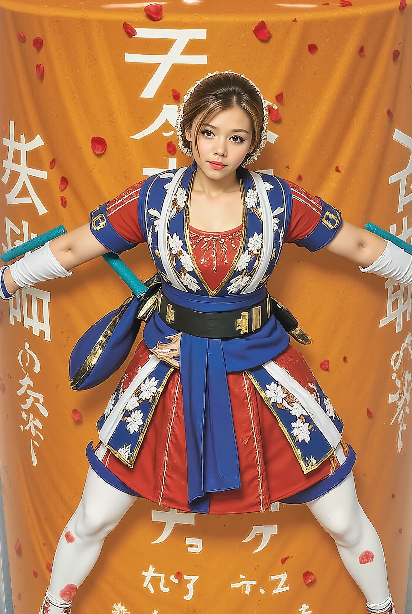 The image is a manga-style illustration showcasing a dynamic and vibrant scene with elements of fantasy. The central figure is a young woman dressed in a detailed and stylized attire, reminiscent of traditional Japanese clothing mixed with fantasy elements. Her outfit includes a blue and red color palette, featuring a layered garment that includes ribbons and intricate patterns. She holds a katana with a teal blade, poised in an action-ready stance, suggesting movement and intensity. The background is a warm, textured brown with subtle decorative patterns. Red petals are scattered throughout, enhancing the lively and intense atmosphere. Japanese text is prominently displayed on the left and lower right parts of the image, adding cultural context to the design. The overall mood is energetic and dramatic, capturing a sense of adventure and combat readiness.