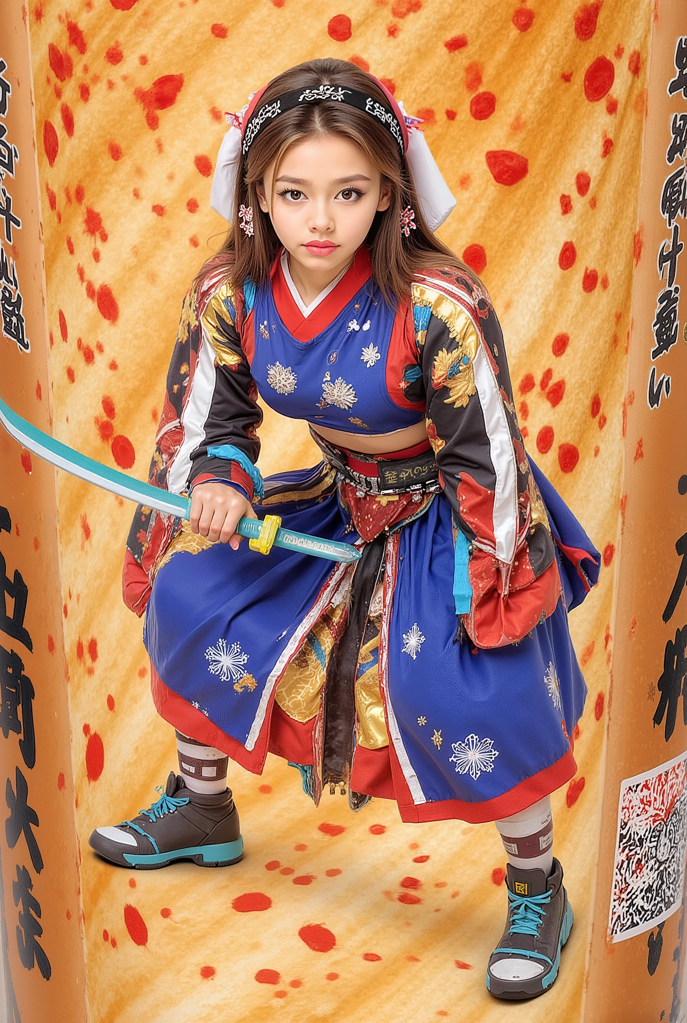 The image is a manga-style illustration showcasing a dynamic and vibrant scene with elements of fantasy. The central figure is a young woman dressed in a detailed and stylized attire, reminiscent of traditional Japanese clothing mixed with fantasy elements. Her outfit includes a blue and red color palette, featuring a layered garment that includes ribbons and intricate patterns. She holds a katana with a teal blade, poised in an action-ready stance, suggesting movement and intensity. The background is a warm, textured brown with subtle decorative patterns. Red petals are scattered throughout, enhancing the lively and intense atmosphere. Japanese text is prominently displayed on the left and lower right parts of the image, adding cultural context to the design. The overall mood is energetic and dramatic, capturing a sense of adventure and combat readiness.