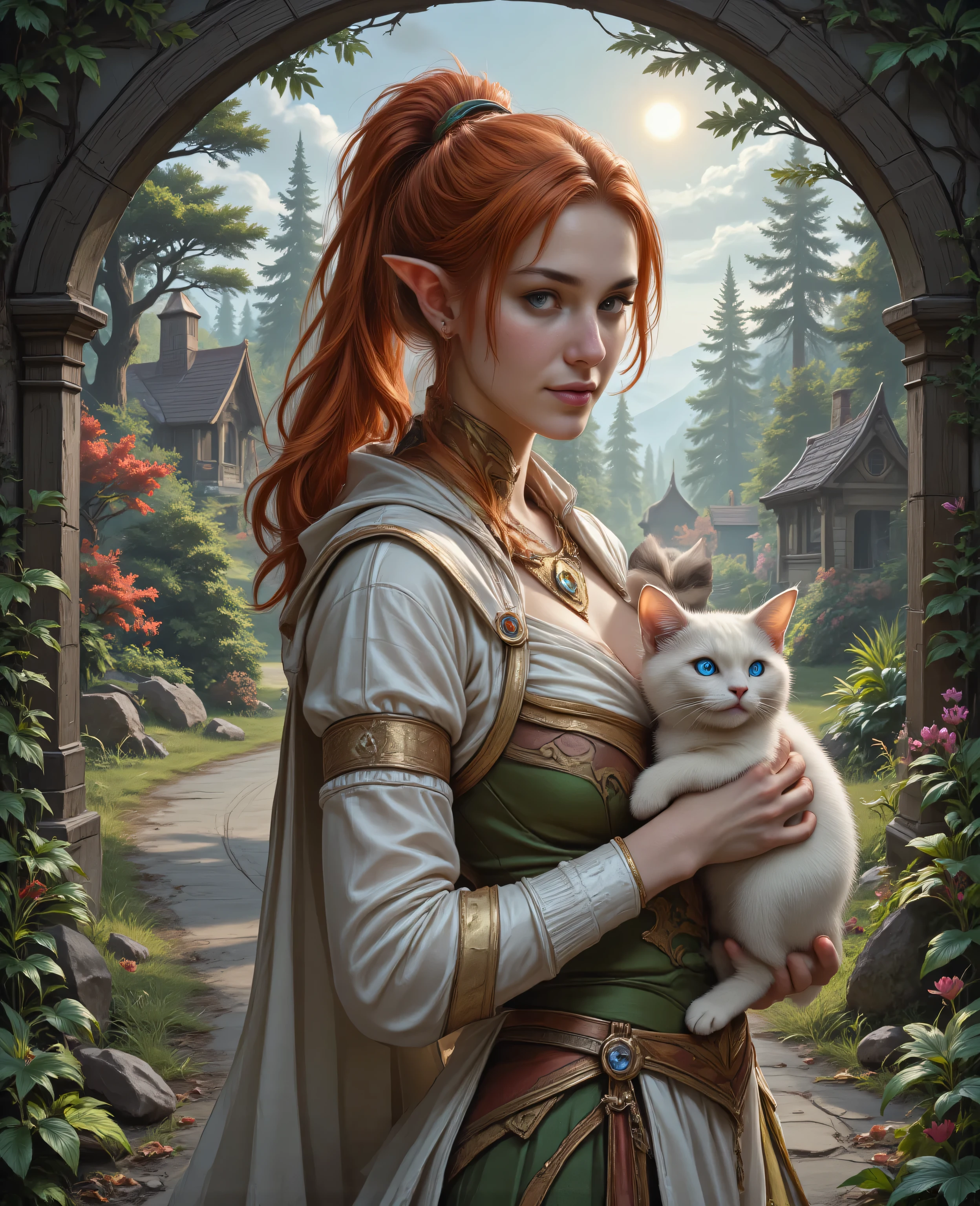 hyp3rd3tail style,a picture of a female elf and her pet epic cat an exquisite beautiful female elf , red hair, pale skin, hair in a ponytail, long hair, blue eyes, smirking, wearing silk dress, forest themed dress, white cloak, in fantasy forest the road , with a cat, the cat has glowing eyes, colorful trees, the sun is high in the sky, high details, best quality, 16k, ultra detailed, masterpiece, best quality, extremely detailed, close up, ultra wide shot, photorealistic, RAW, fantasy art, dnd art, fantasy art, realistic art, best quality, masterpiece, detailed, RAW,