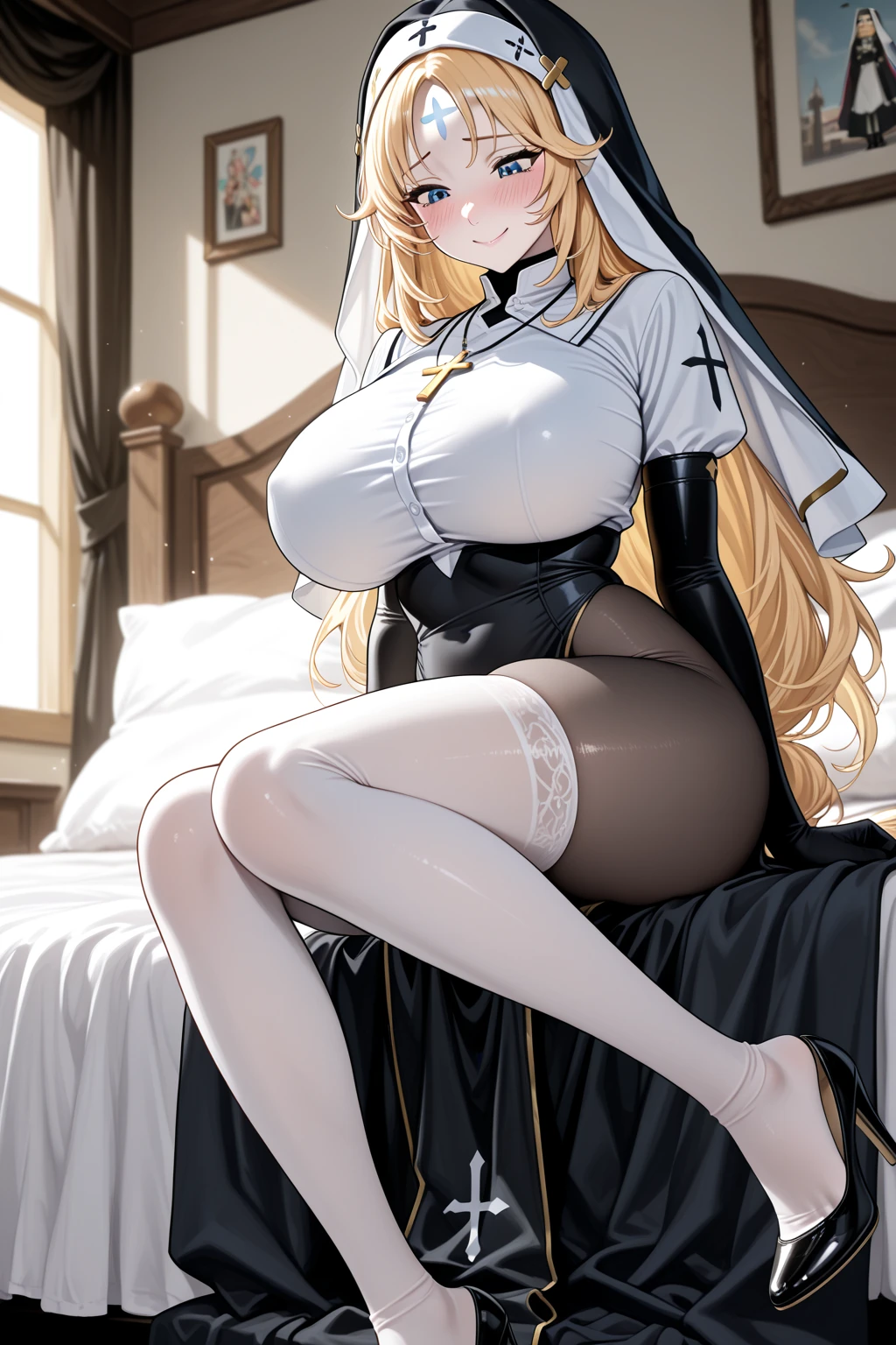 masterpiece, Highest quality, Official Art, Highly detailed CG Unity 8k wallpaper, Detailed Background, (Handcrafted by Guido Daniele), (Finger details), Mature Woman1, (Curvy), (Nuns), (standing in church), (Nuns gown:1.12), (Chest curtain:1.4), (Nuns skirt:1.11), (White Garter Straps Garter Belt:1.12), (Blonde long hair:1.12), (Hair intake:1.12), (Green Eyes:1.2), blush, (Loving smile, holy smile), ((Huge breasts:1.5、Sagging breasts:1.5、Long Breasts:1.3、sagging breast:1.5)), Tight waist, Shiny skin, (Cross Necklace), indoor, (Sacred Scene), (church:1.11), (Sunlight streaming through stained glass),Mature Woman、Monastic Clothes、White panties、Spreading her pussy with both hands、naughty face、heavy breathing、Provocative smile、Sticking out tongue 、thigh focus、drunken eyes、vagina、open vagina 、spread her vagina、spread legs、Take off、excessive cum、creampie、pussy cum、((Sleep on your back、folded、on back、lying))