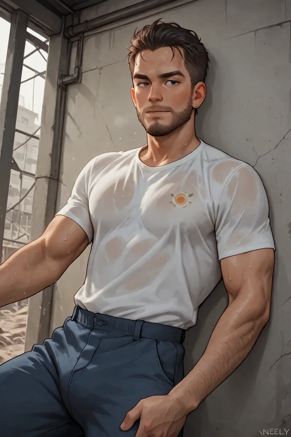 (Create a masterpiece: 1.2),(CGI art:1.3),(realistic:1.5),(After processing:1.3),(Sharp focus:1.3), 1 man holds the steering wheel of a car ,(crew cut short hair:1.8),black eye, smile, (Wear color navy round neck T-shirt with a Police badge: 1.3), Navy blue jeans, Korean guy , korean men, (High gloss details), chest muscles, large arm muscles, blood vessel, Big muscles, Broad shoulders, looking at the audience, Balancing the eyes, middle of the road, (drive a car: 1.5), (in the car: 1.3), , middle of the road, (open mouth:1.2)