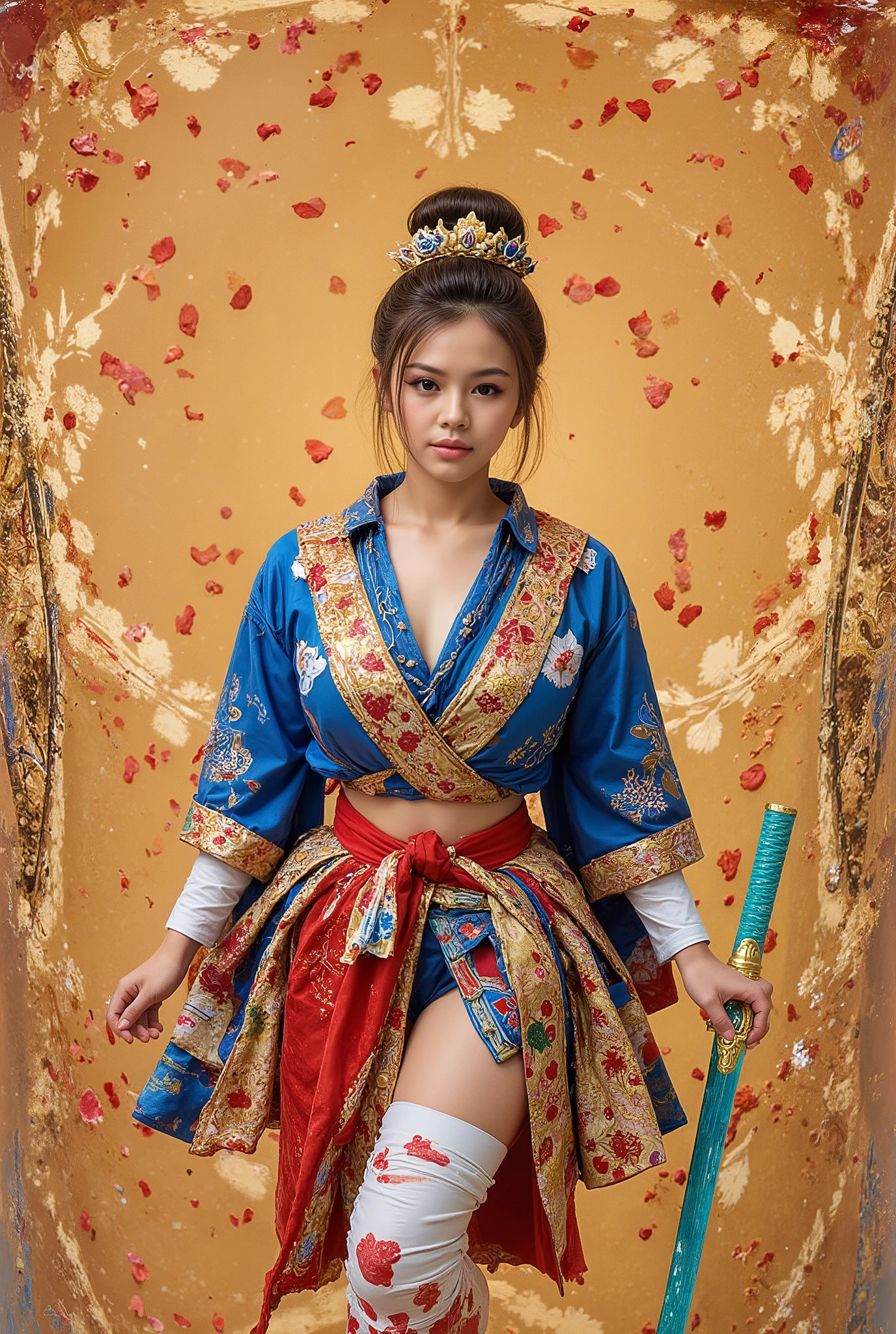 The image is a manga-style illustration showcasing a dynamic and vibrant scene with elements of fantasy. The central figure is a young woman dressed in a detailed and stylized attire, reminiscent of traditional Japanese clothing mixed with fantasy elements. Her outfit includes a blue and red color palette, featuring a layered garment that includes ribbons and intricate patterns. She holds a katana with a teal blade, poised in an action-ready stance, suggesting movement and intensity. The background is a warm, textured brown with subtle decorative patterns. Red petals are scattered throughout, enhancing the lively and intense atmosphere. Japanese text is prominently displayed on the left and lower right parts of the image, adding cultural context to the design. The overall mood is energetic and dramatic, capturing a sense of adventure and combat readiness.
