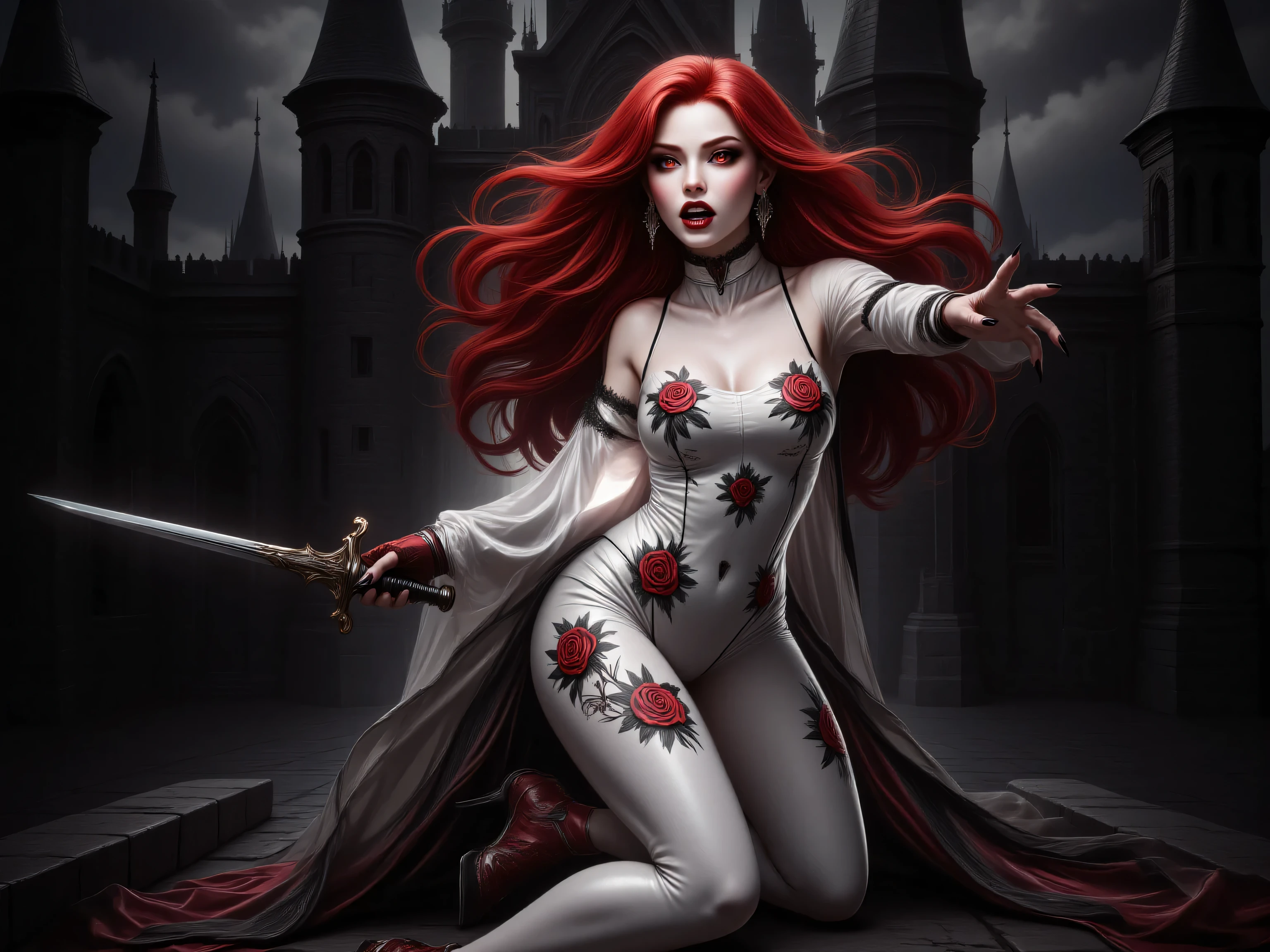 Dracula,hyp3rd3tail style,Colorful,an oil painting art of a female vampire, exquisite beauty, full body shot, dark glamour shot, pale white skin, red hair, long hair, wavy hair, dynamic eyes color eyes, glowing eyes, she wears a white tight suit,  she holds a sword in hand, ready for battle , black and red roses are imprinted on the suit,  high heels,  action shot, Dark fantasy art, fantasy art, fantasy goth art, dark castle, dark, black and color, Dark Art Painting Style, flower dress, dark novel, flower dress