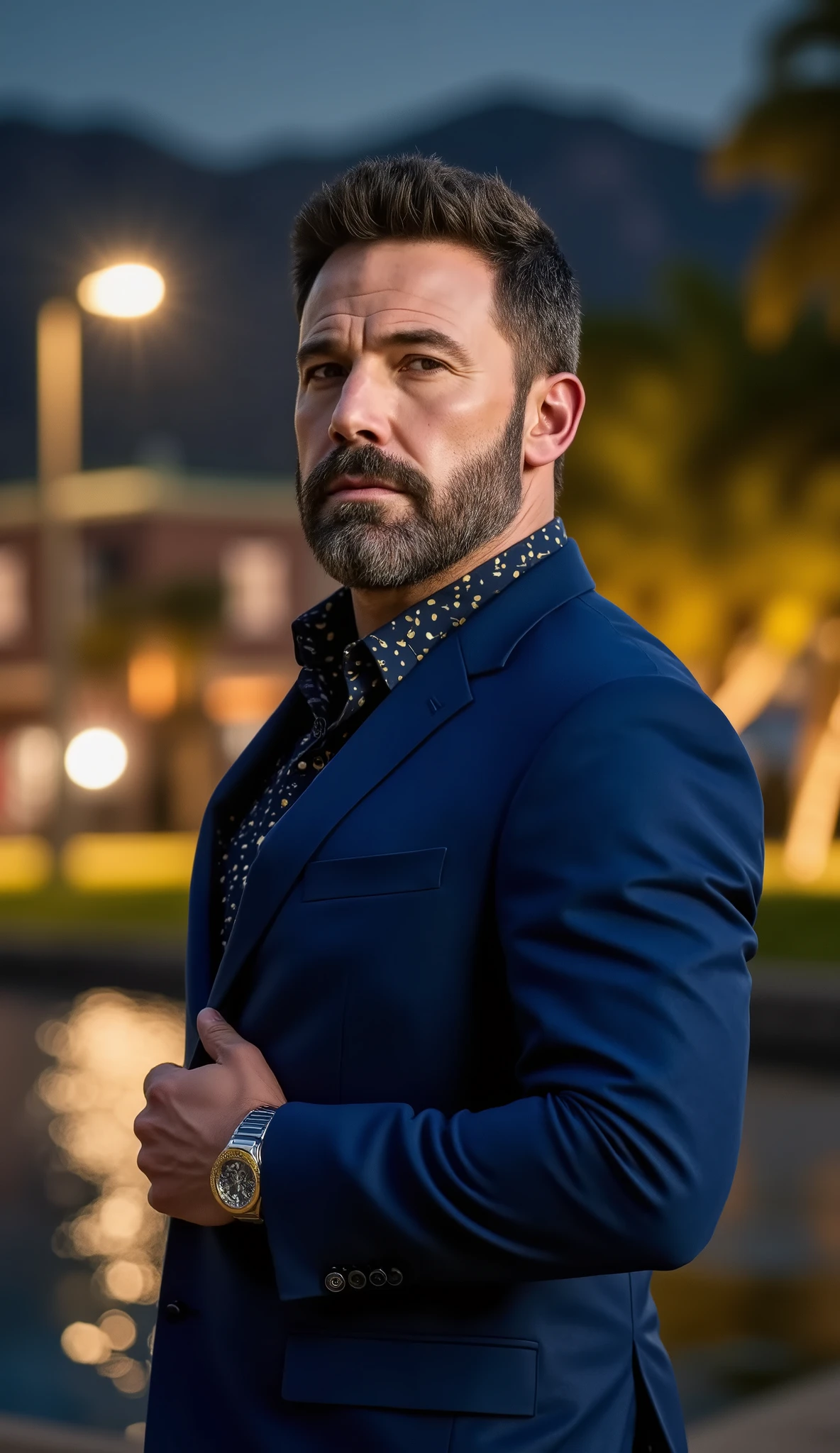 Ben AFFLECK with blue and gold suit luxury watch and bracelet Urban night background with lake and trees and torches blurred with yellowish lights, dark, cinematic atmosphere, hyperrealistic style in 8k, dramatic lighting highlighting metallic shadows and glitters.