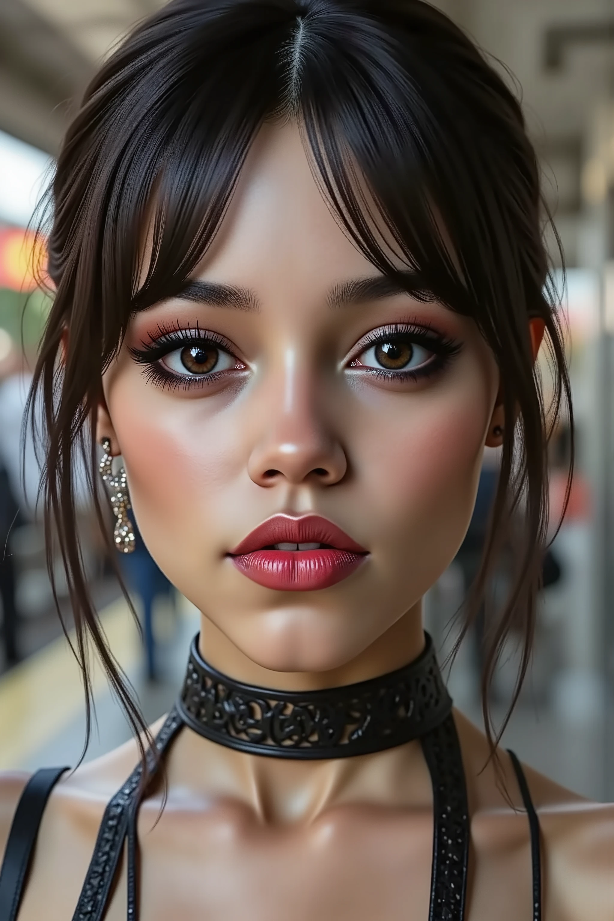 (ultra details, ultra resolution), ((best soft studio lighting: 1.2)), (beautiful tall slender Chinese girl:1.3, 22 years old), photorealistic Realism 16K Quality, ultra resolution, (high quality skin with realistic texture), (high quality hair with realistic texture), ((dark hair (combed on one side), ultra detailed:1.22)), ((perfect proportions)),((anatomically correct)), "ultra details Eyes: (acid-resistant terminology) (macro-details:1 . 69): * Moist corneal surface (visible aqueous layer:1 . 2) * Hyper-detailed iris stroma ((brown) with gold flecks) * Precise limbal ring (slightly darker pigmentation:1 . 22) * Pupil micro-texture (irregular edge authenticity:0 . 9) * Vasculature in sclera (subtle red veins radiating from limbus)" - "Lashes: blue individual synthetic fibers (crosshatched roots:1 . 2 ,clump-free separation)" (Post-Processing: - "Frequency separation for skin vs eye details" - "Selective sharpening: eyes180%,hair120%" - "Denoise: luminance20,color35(retain corneal speculars)" [long blue_eyelashes:1.33][perfect dark_eyeshadow:pink:1.45][glossy red_lipstick:1.3] professional Magic Makeup on eyes:1.2, perfect composition\ [(at the train station:1.3)],perfect female body, Fearless look, [((Black-white leather pleated mini skirt))], [Gothic corset (ultra-tightly laced at the waist)], [((red fishnet:1.35))],(Beautiful girl with long legs and good style),(white,eye-catching latex lace-up over-the-knee boots), Detailed texture expression, Precision drawn with expert craftsmanship, HDR effect, Professional lighting, Studio quality, Detailed texture expression,(Rendering engine: "Unreal Engine 5 path tracing, 16K texture maps")