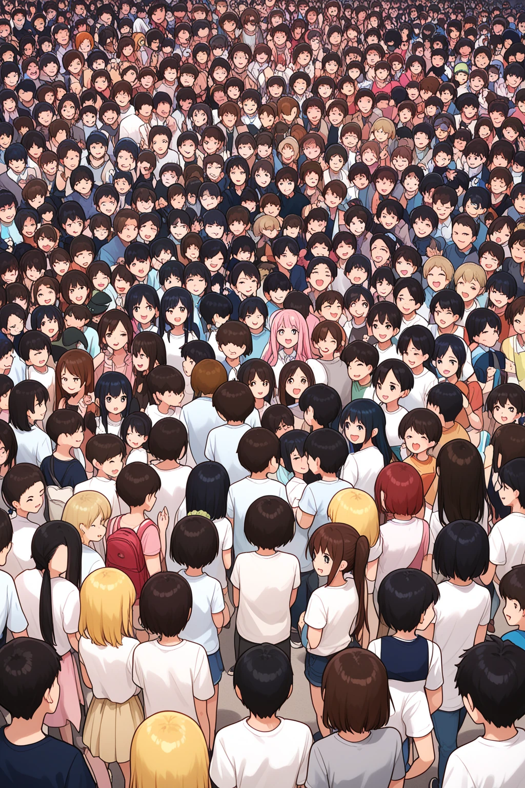 A massive crowd of women, all reaching out with their hands, desperately trying to touch the viewer. The scene emphasizes the overwhelming number of women pushing toward the viewer, with vibrant colors and dramatic shading."