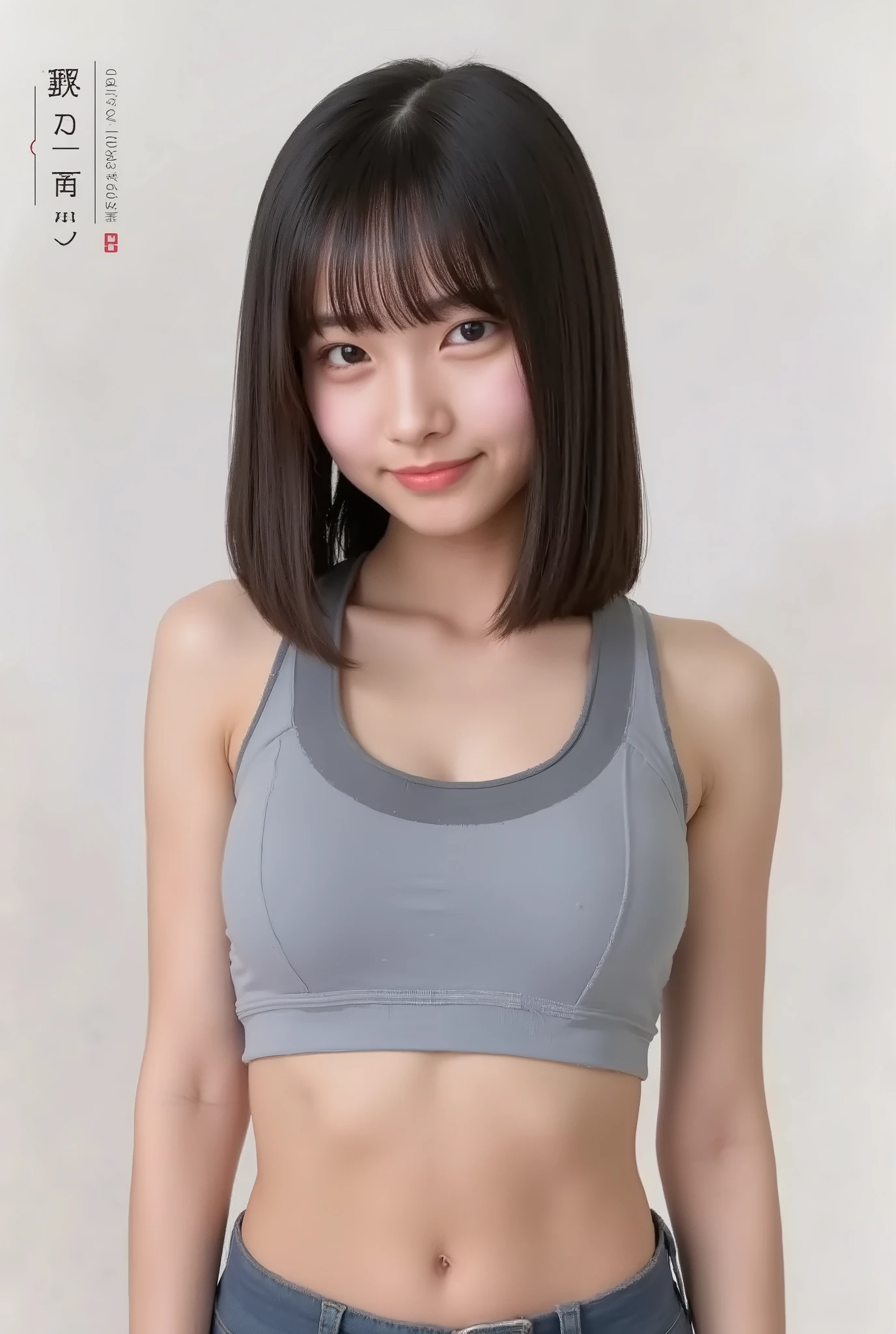 1girl, young, ((upper body, looking at camera)), manami, (Smug, mischievous smile), (midriff, abs). Masterpiece, top quality, best quality, beautiful eyes, muscular, attractive. simple background.
