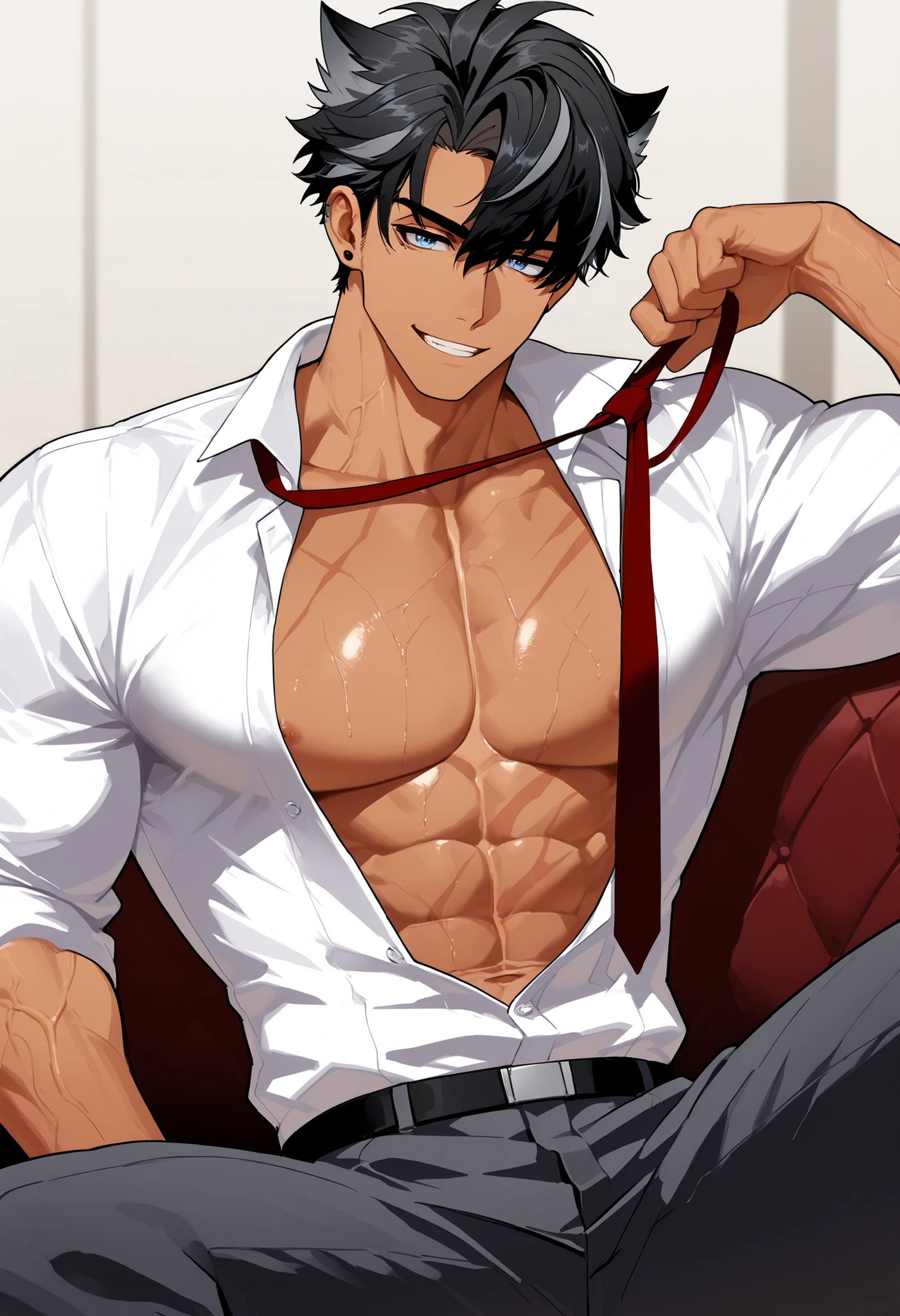 (human) a men Wriothesley , sitting on a sofa , taking the tie off his neck, sitting with legs open , sexy smile, visible muscles veins , with a dress shirt , short haircut, black hair, blue Eyes, Light skin. Tanned, trending on bbwchan, top view , inspired by Abdullah Gërguri, perfect muscle structure, muscular men, very attractive men, alone, muscular musculature, , beautiful musculature, aesthetic stretch marks, inspiring physique, lean musculature, square pecs, beautiful v-shape, great abs and torso, (male face) chiseled abs, chiseled pecs, with his black military haircut and voluminous neck, narrow waist, human, attractive face, masculine face. a men who presence inspires confidence and respect.