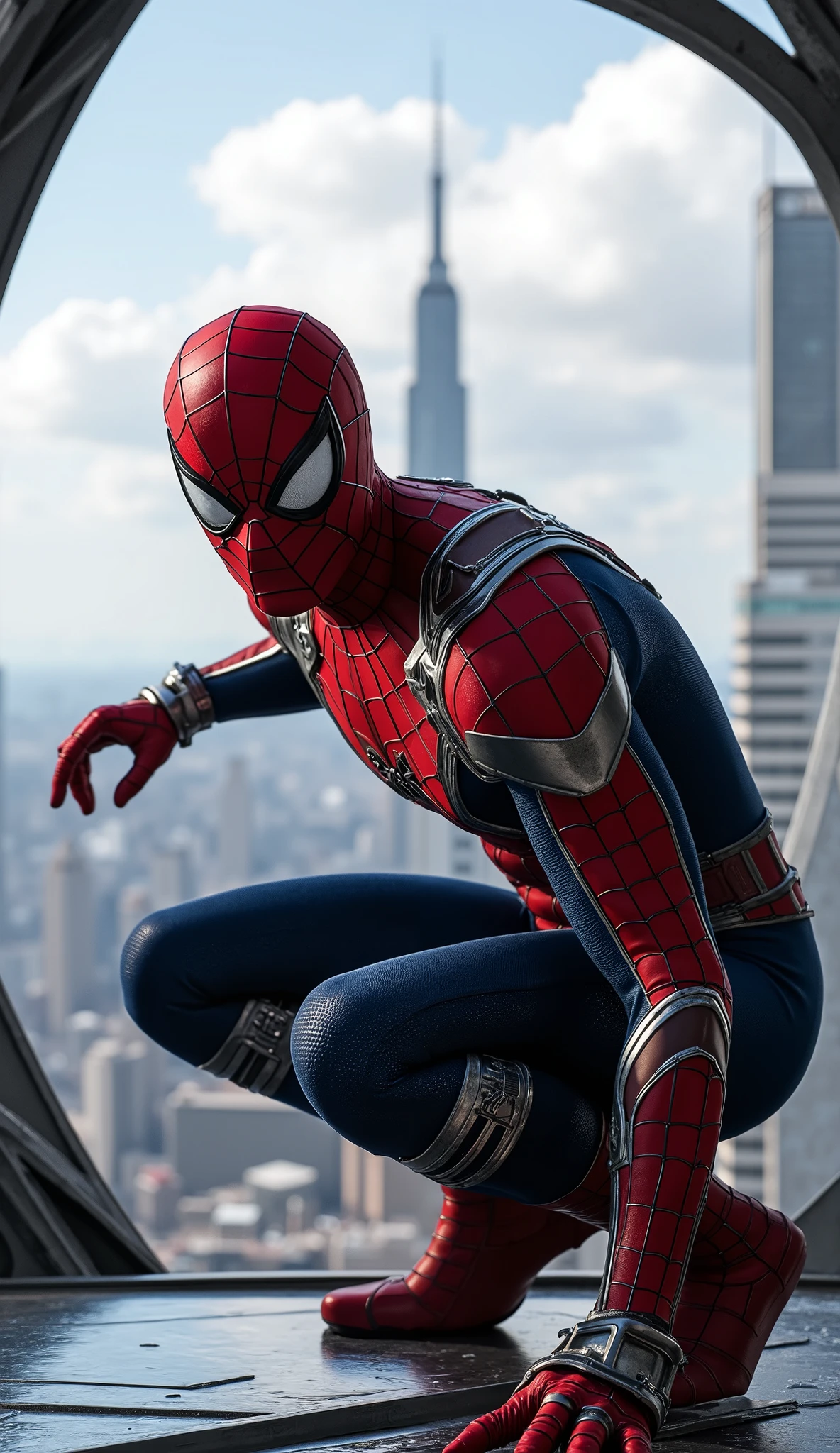 Spider-Man in an advanced red and metallic blue suit, with shiny silver technological details on the chest and arms, futuristic and realistic armor-style design. He is crouched in attack position inside a futuristic metal structure, with huge windows that show the city in the background, including the Empire State Building featured. partly cloudy sky, Cinematic and realistic atmosphere, metallic reflections on the suit, hyperrealistic details in 8k, epic and immersive style.