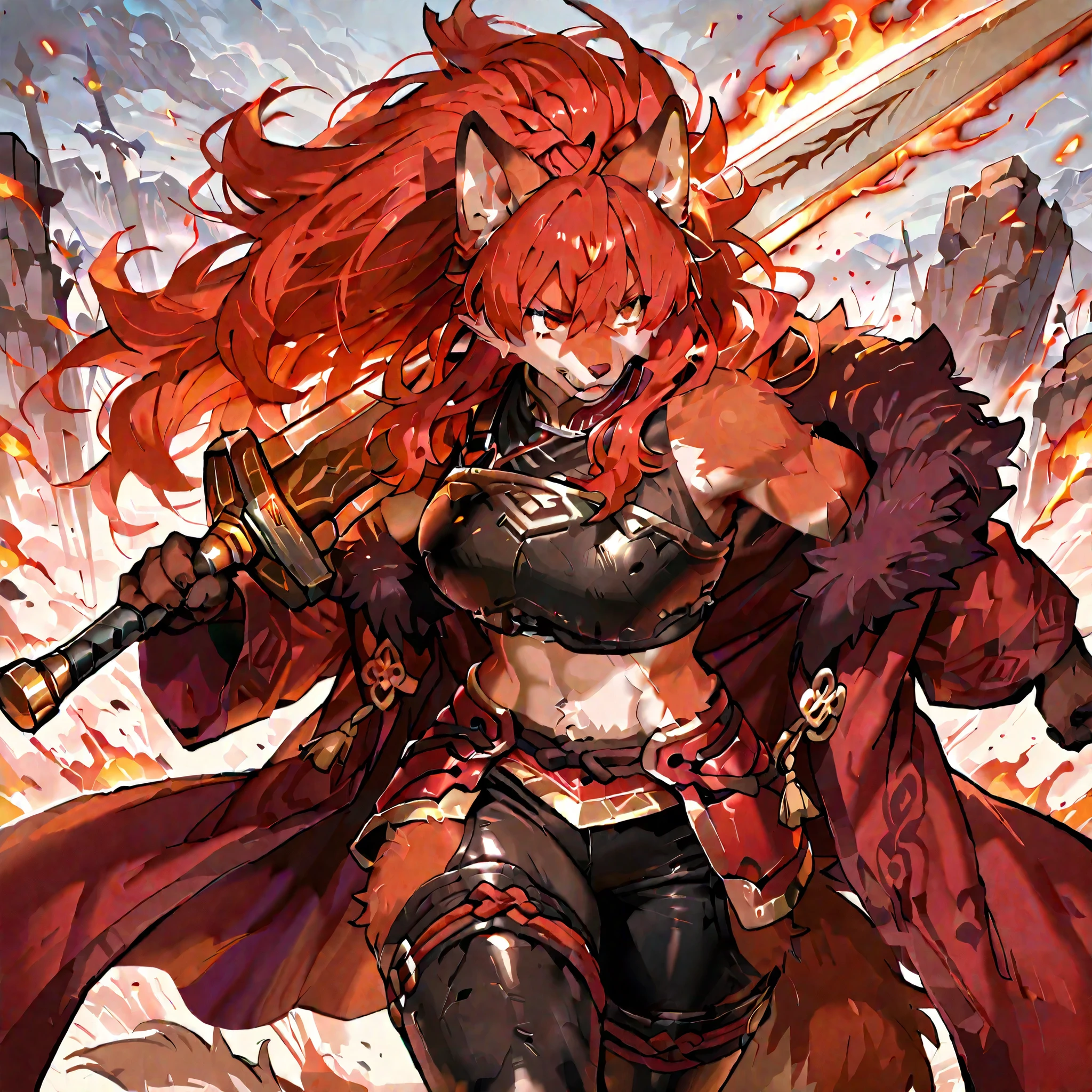 master masterpiece, 4k, score_9 , score_8_up , score_8 , score_7_up score_6_up score_5_up score_4_up, 1girl, solo, <lora:se_v1_epic_style:1>, battle, fighting, furry, anthro, fox, red fur, eris, red hair, long hair, fluffy hair, warrior, greatsword, sword , gigant sword, furry, animal ears, animal tail, fur, body fur, athletic body, curvy, leather pants, sleeveless leather shirt , sleeveless armor , fur trim , thighhighs , midriff , fur-trimmed robe , red robe , off shoulder,