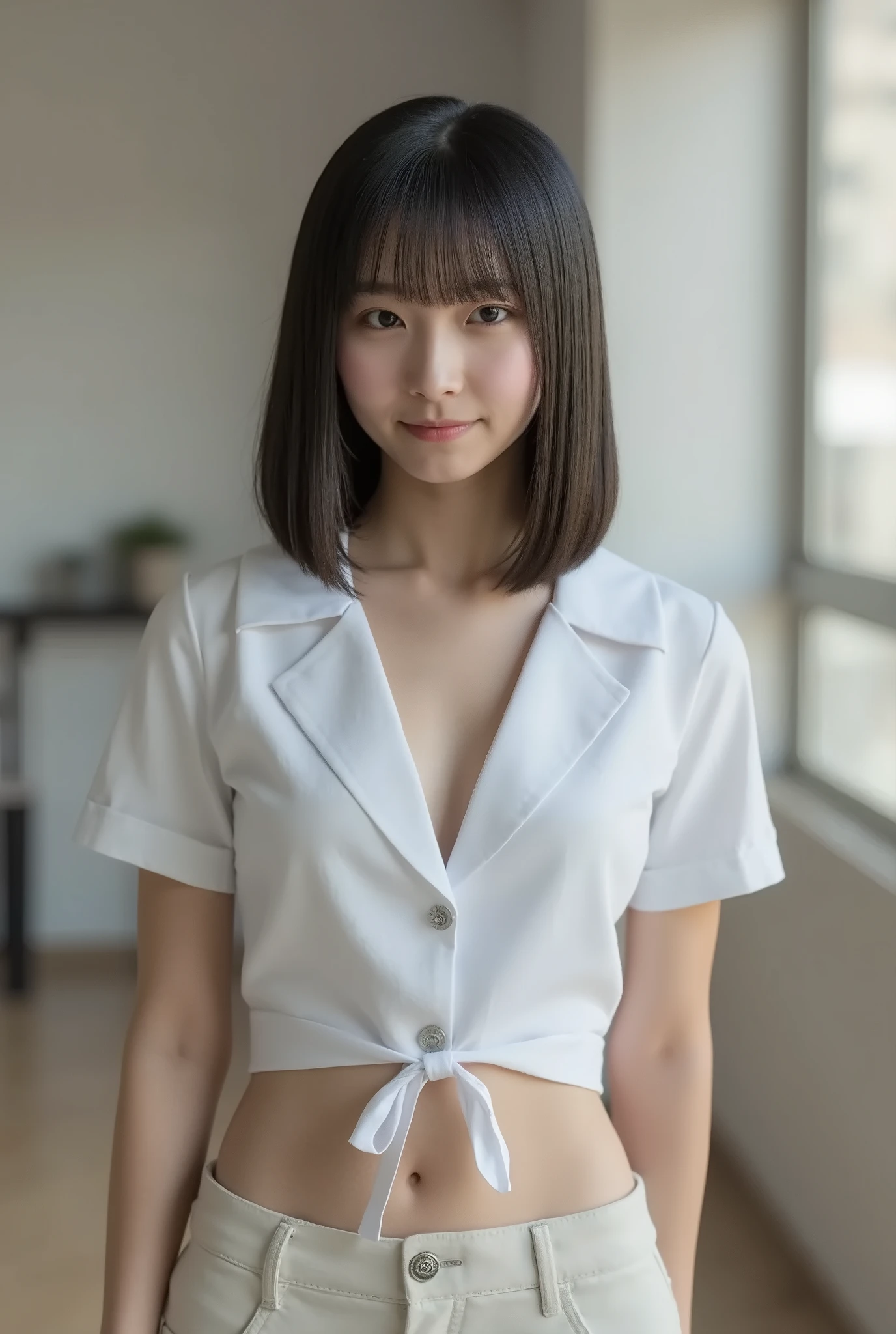 1girl, young, ((upper body, looking at camera)), manami, (Smug, mischievous smile), ((midriff), abs). Masterpiece, top quality, best quality, beautiful eyes, attractive, indoors, simple background.