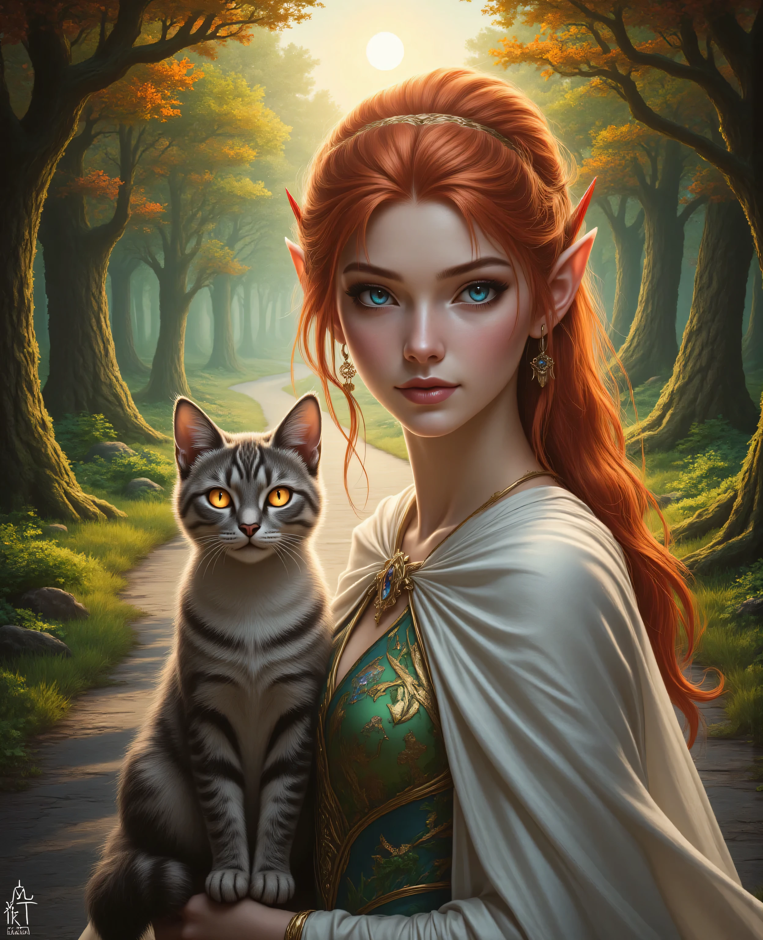 hyp3rd3tail style,a picture of a female elf and her pet epic cat an exquisite beautiful female elf , red hair, pale skin, hair in a ponytail, long hair, blue eyes, smirking, wearing silk dress, forest themed dress, white cloak, in fantasy forest the road , with a cat, the cat has glowing eyes, colorful trees, the sun is high in the sky, high details, best quality, 16k, ultra detailed, masterpiece, best quality, extremely detailed, close up, ultra wide shot, photorealistic, RAW, fantasy art, dnd art, fantasy art, realistic art, best quality, masterpiece, detailed, RAW,