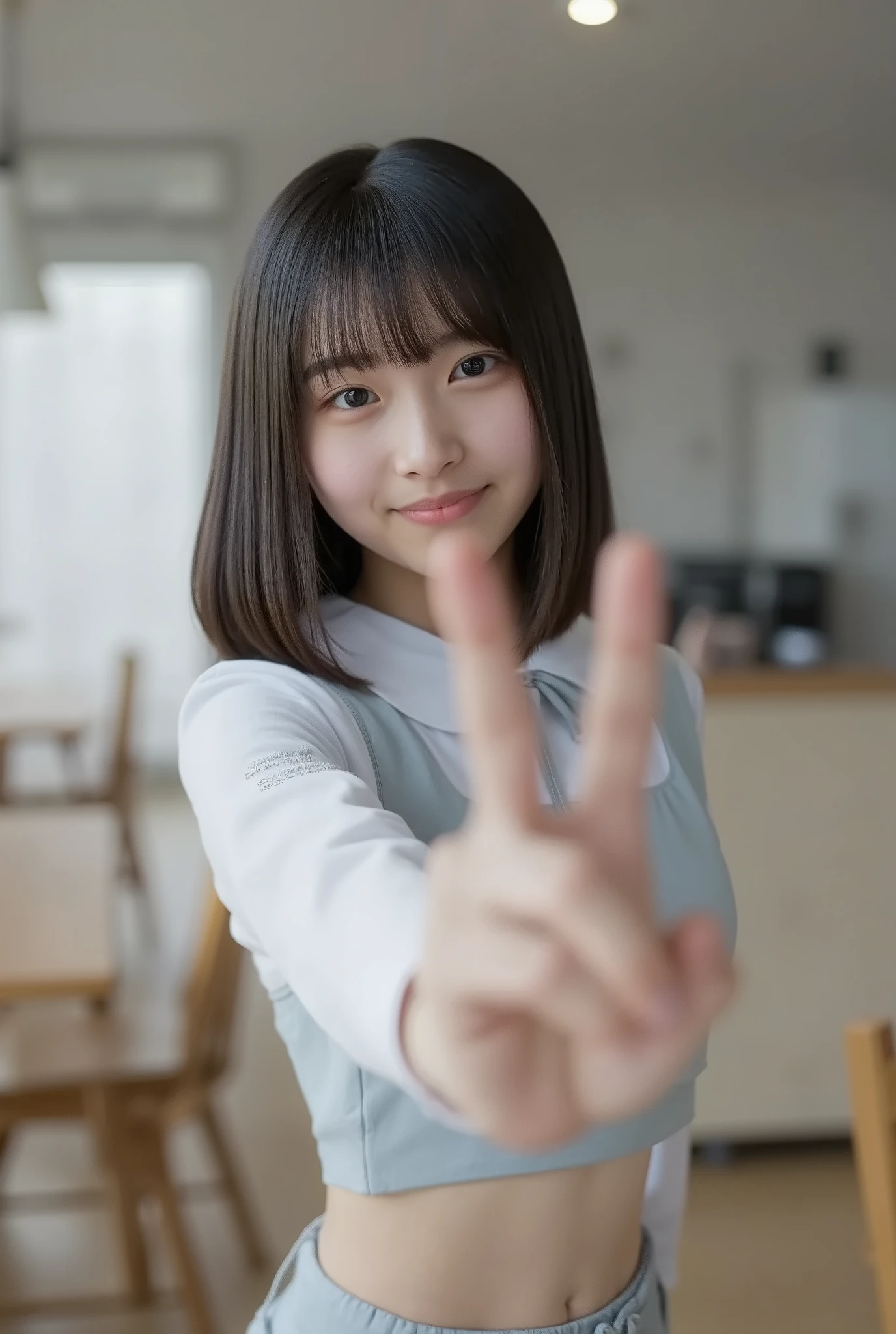 1girl, young, ((upper body, looking at camera)), manami, (Smug, mischievous smile), (midriff, abs). Masterpiece, top quality, best quality, beautiful eyes, attractive, indoors, simple background.