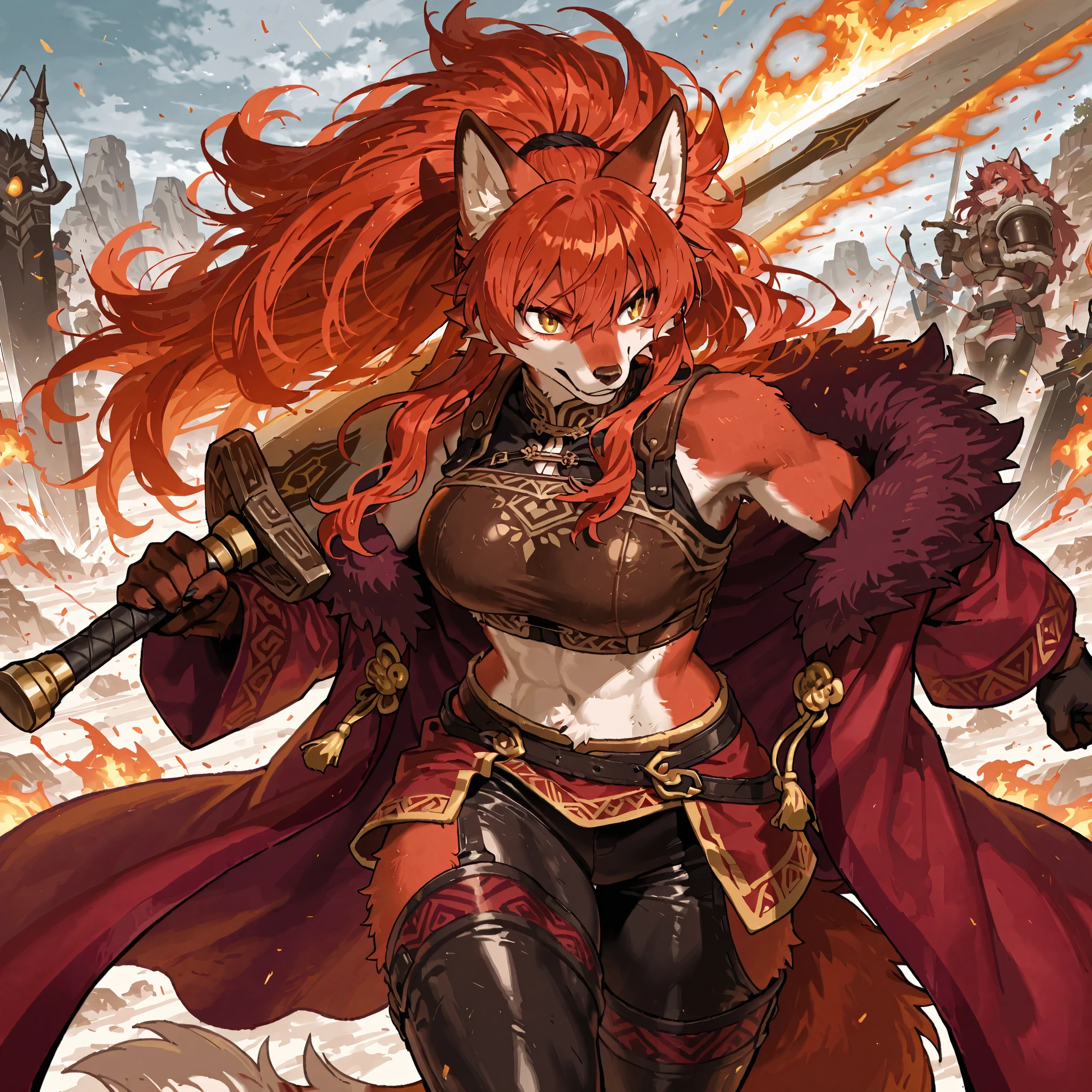 master masterpiece, 4k, score_9 , score_8_up , score_8 , score_7_up score_6_up score_5_up score_4_up, 1girl, solo, <lora:se_v1_epic_style:1>, battle, fighting, furry, anthro, fox, red fur, eris, red hair, long hair, fluffy hair, warrior, greatsword, sword , gigant sword, furry, animal ears, animal tail, fur, body fur, athletic body, curvy, leather pants, sleeveless leather shirt , sleeveless armor , fur trim , thighhighs , midriff , fur-trimmed robe , red robe , off shoulder,