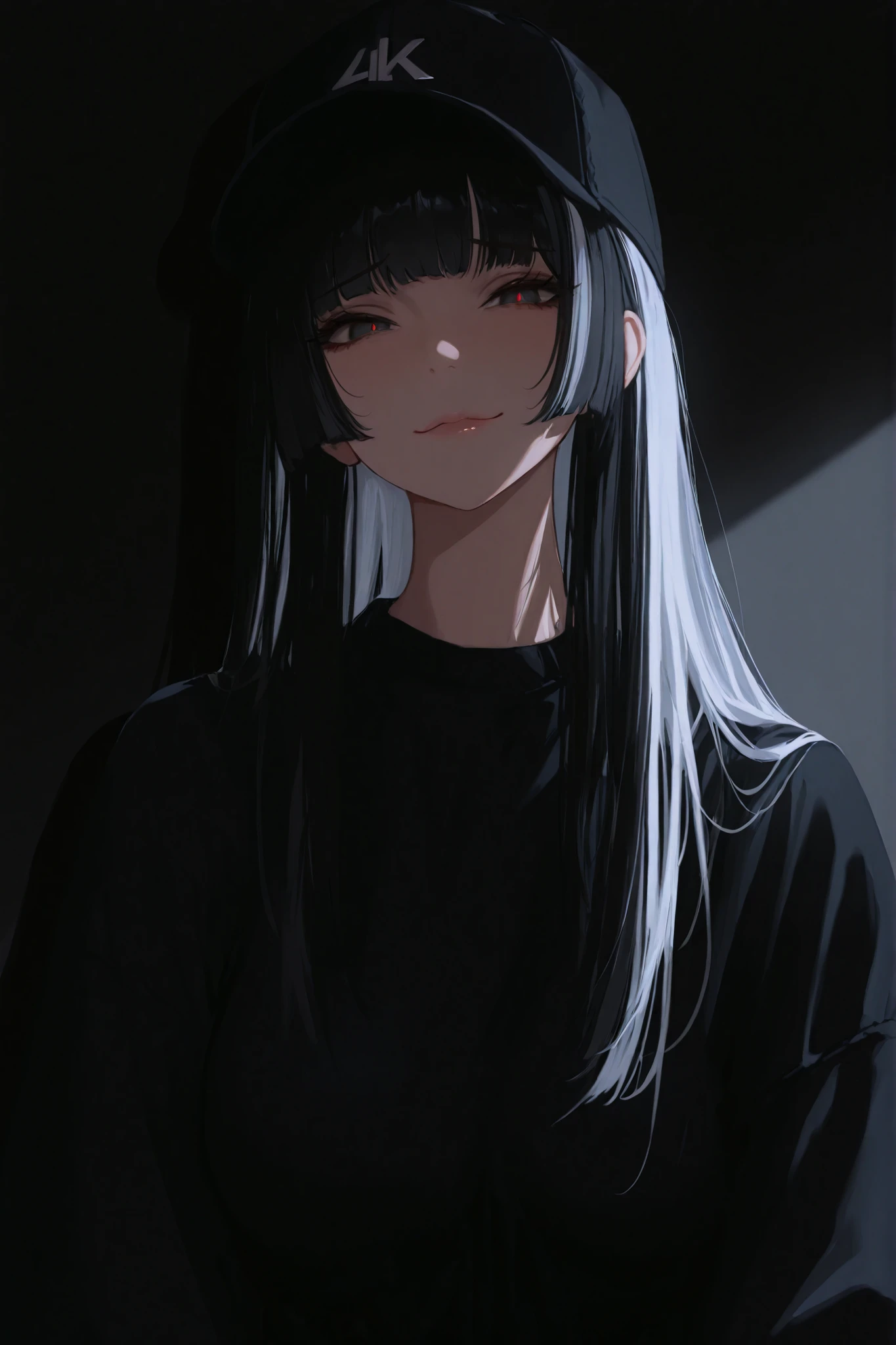 masterpiece, Best quality, amazing quality, very aesthetic, high resolution, ultra-detailed, absurdress, newest, 1 maiden, baseball cap, hime haircut, long hair, black hair, day grey hair, in strands, Sad smile, looks at the viewer, Sharp shadow, Cinematic lighting, surround lighting, Licks her lips, large breasts