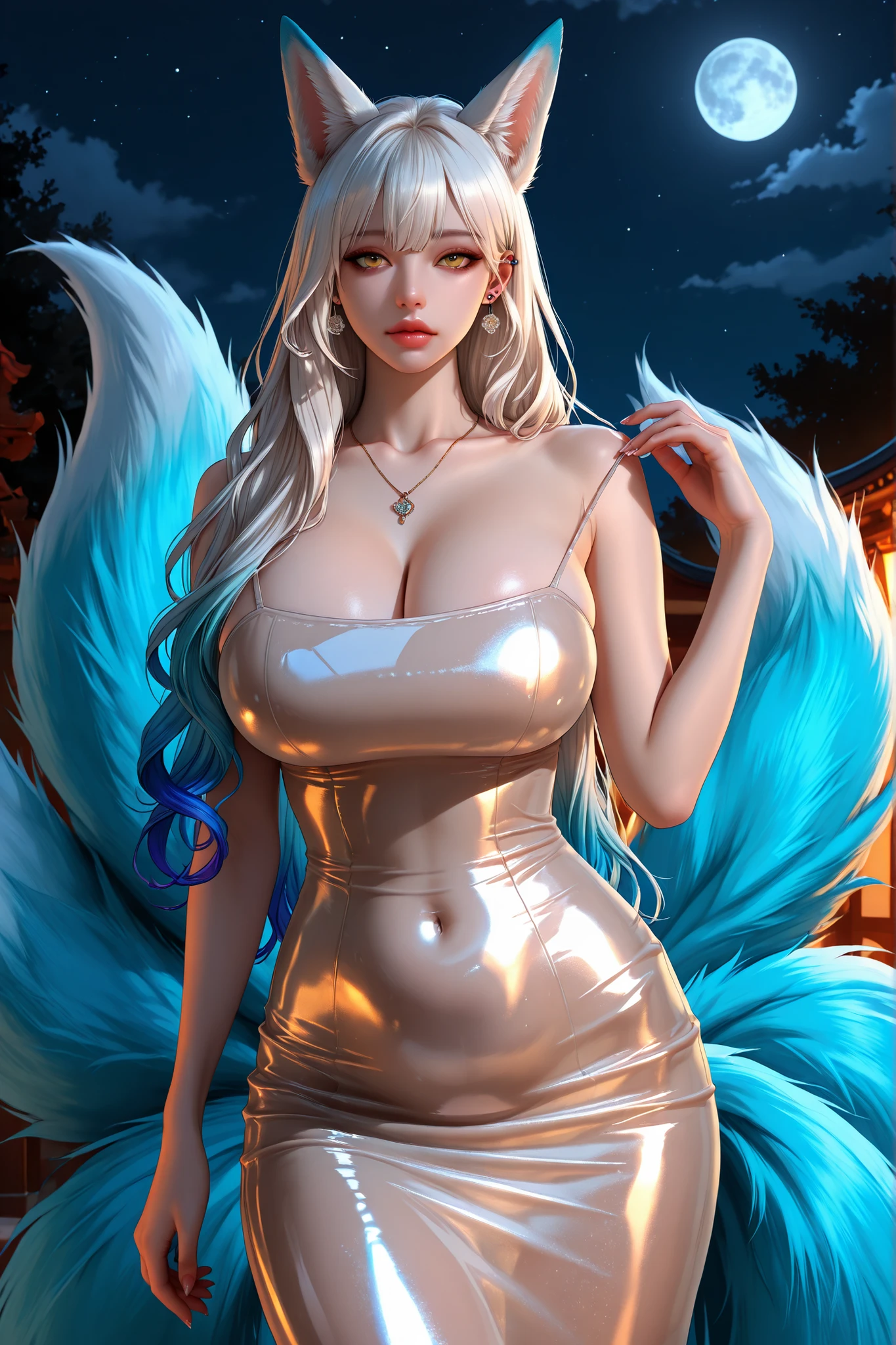 posing,realistic,ruanyi0940, bare shoulders, long dress, transparent dress, shiny clothes, shiny skin, thin straps, tight dress, latex, ruanyi0940, bare shoulders, long dress, transparent dress, shiny clothes, shiny skin, thin straps, tight dress, latex, portrait, sexy poses, slender legs, 1 girl, single, perfect face, perfect anatomy, kitsune, extremely detailed, yellow eyes, more details, kitsune, many blue tails, white hair, fox ears, belly button, lips, , gradient hair, long curly hair, multi-colored hair, single, white long hair parted to one side, looking at viewer, large breasts, huge breasts, ear piercings, necklace, fox ears, moon resolution, sakura in garden, night, extremely detailed, 8k, hdr, cowboy shot
