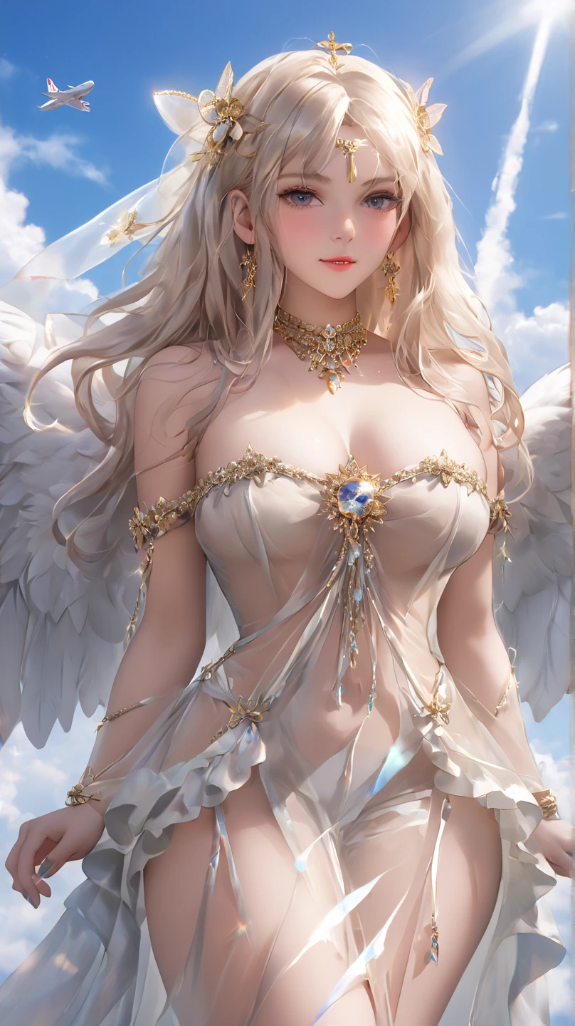 Castle in the distance、face is front、Looking at the camera、profile、8K、real photo、ultra high resolution, Master Parts, best quality, ticker , cinematic images,nice girl、Ann、16 only、Annグロサクソン、double eyelid、droopy eyes、very big eyes、eyes are purple、Dark eye shadow、lips are very thin、The tip of the nose stretches beautifully.......................................................、small nose,,,,, very detailed , silver hair、straight short hair、smile、 sweet look 、)、Very clear shadows , jewelry , detailed eyes, very complicated, shiny skin , パーフェクトブリリAnnト, perfect writing, dramatic shadow、White tiara on head、Gold necklace around the neck、White aristocratic dress with gold embroidery、glass high heels、angel wings