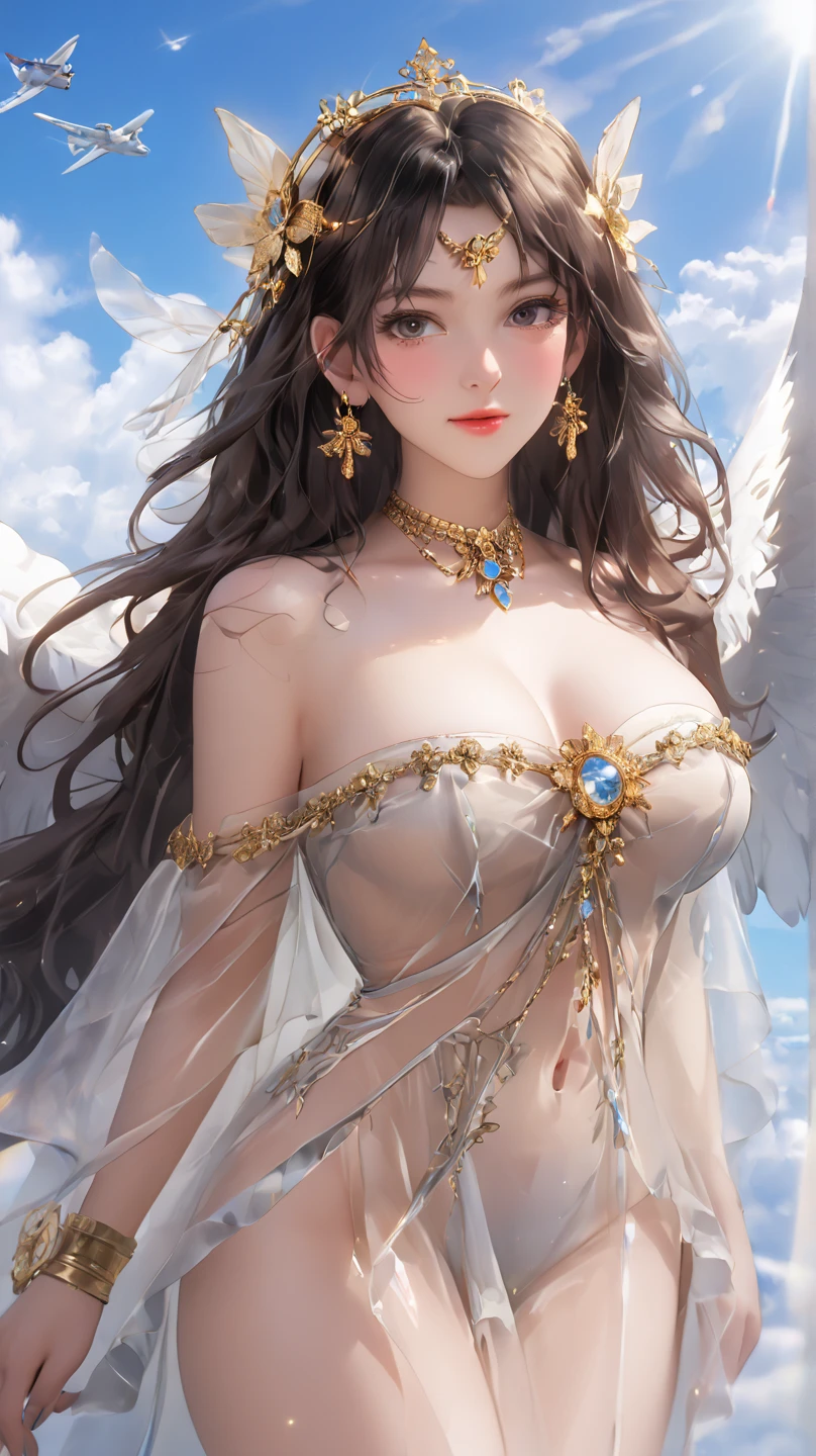 (16k, masterpiece, best quality), ultra-detailed, detailed beautiful round eyes, beautifully detailed face, high quality, high resolution, perfect anatomy, (a female angel appeared from the sky), goddess of heaven, straight hair, goddess, an charming face, sky background, ring over head, big breast, mature women, dynamic pose, looking into the distance, angel wings