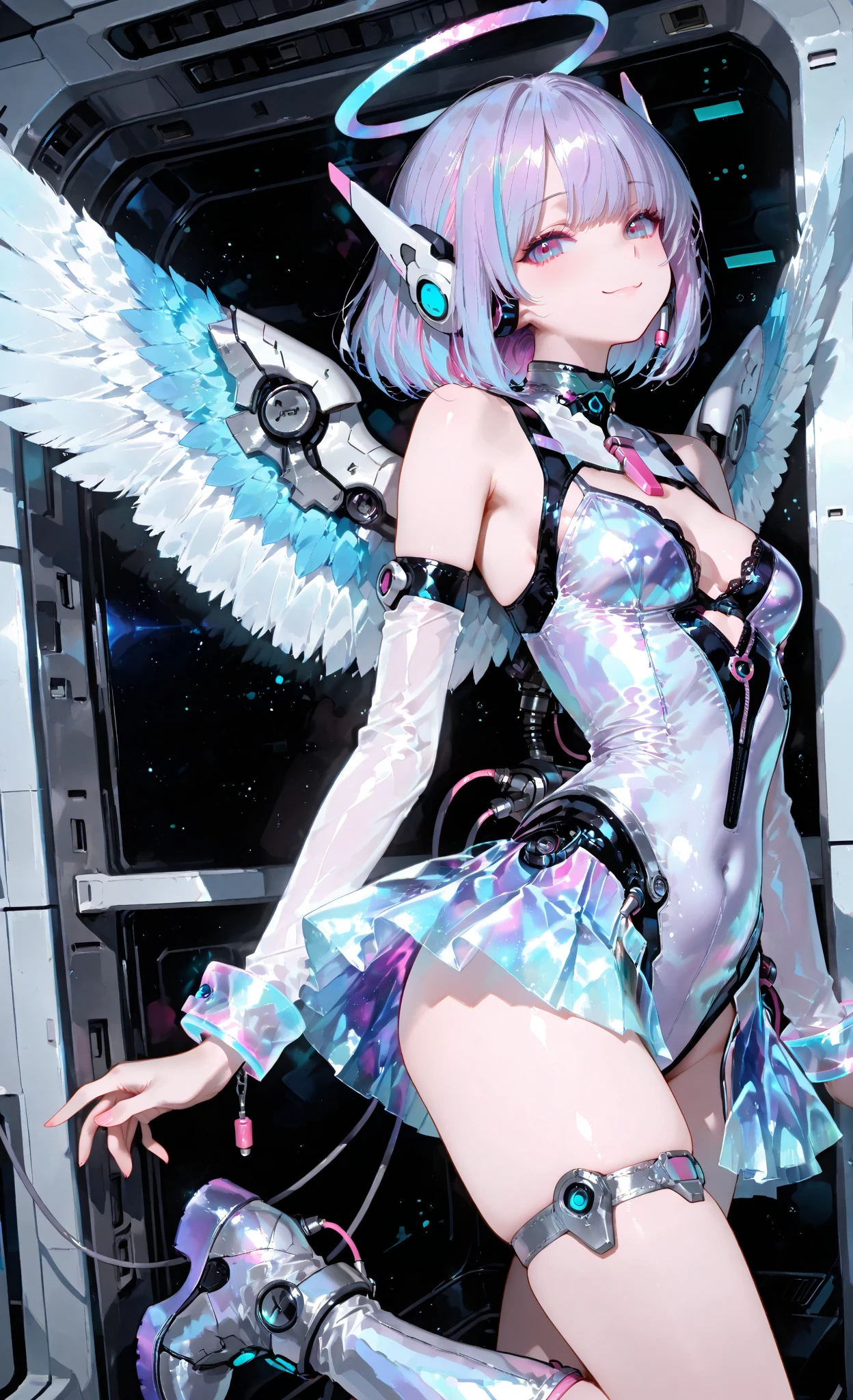 Highest quality,Highest Resolution,Smiling beautiful girl in maid leotard,White angel wings on your back,Halo,High leg,Frills,Knee-high stockings,front,whole body,up,universe,Milky Way,meteor,Very beautiful eyes,