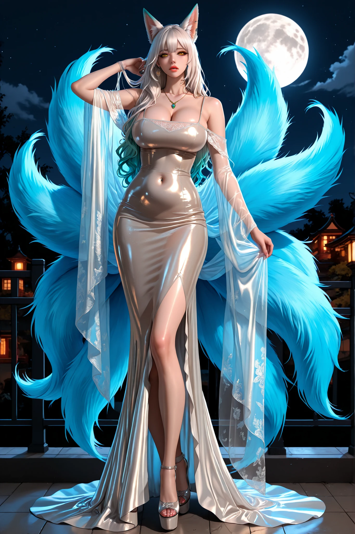 posing,realistic, bare shoulders,  ruanyi0940, bare shoulders, long dress, transparent dress, shiny clothes, shiny skin, thin straps, tight dress, latex,sexy poses, slender legs, high platform shoes, full body,  1 girl, single, perfect face, perfect anatomy, kitsune, extremely detailed, yellow eyes, more details, kitsune, many blue tails, white hair, fox ears, belly button, lips, , gradient hair, long curly hair, multi-colored hair, single, white long hair parted to one side,  looking at viewer, large breasts, huge breasts, ear piercings, necklace, fox ears, moon resolution, sakura in garden, night, extremely detailed, 8k, hdr, 