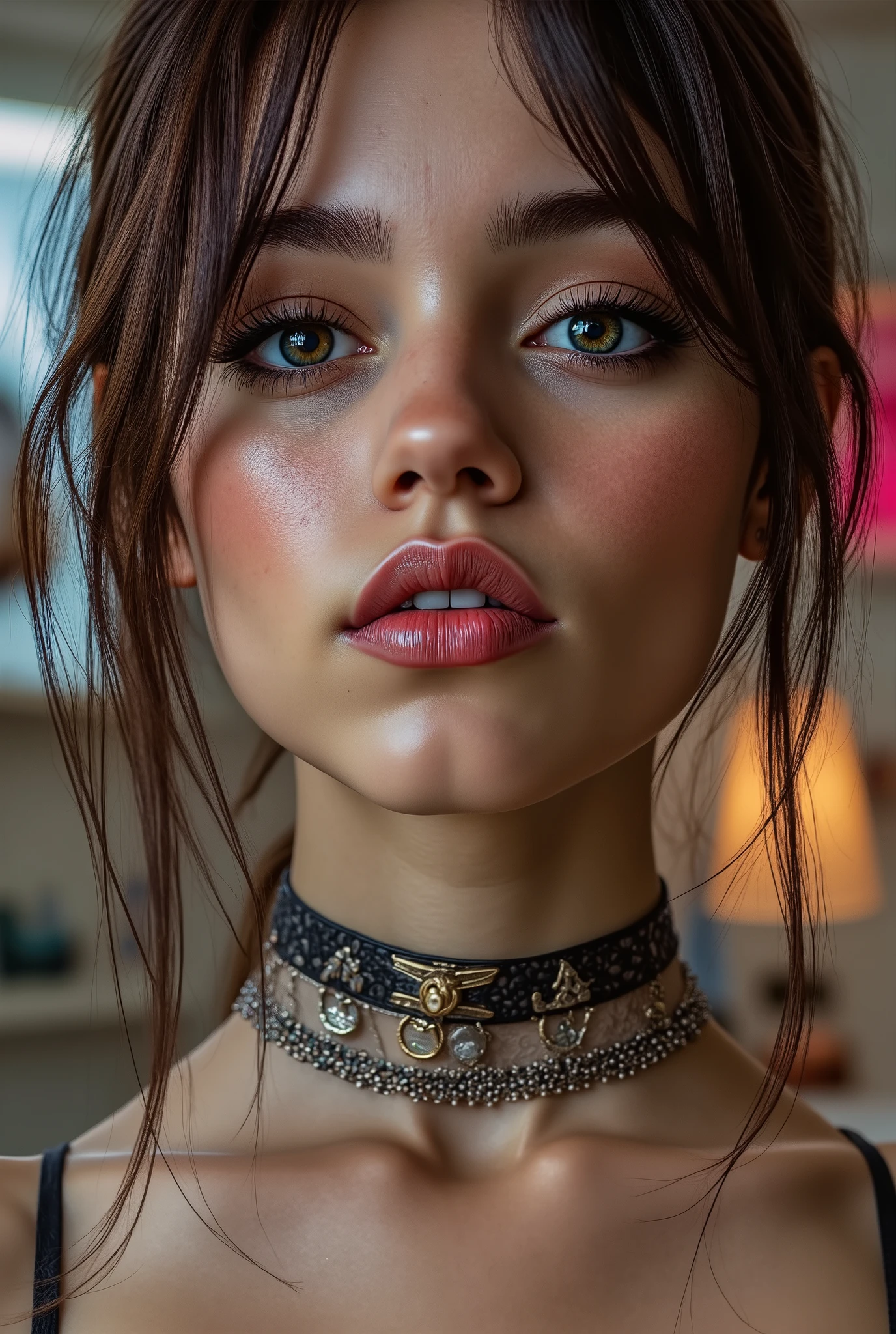  [Style: "masterpiece, realistic, (photo realistic Realism), ultra-detailed, Hyper high resolution"](Key Directive: - ("The priority is the anatomical accuracy and texture of the materials" - "Ultra-sharp human eyes with biological accuracy") { "Eyes: (acid-resistant terminology) (macro-details:1 . 5): * Moist corneal surface (visible aqueous layer:1 . 2) * Hyper-detailed iris stroma ((brown) with gold flecks) * Precise limbal ring (slightly darker pigmentation:1 . 22) * Pupil micro-texture (irregular edge authenticity:0 . 9) * Vasculature in sclera (subtle red veins radiating from limbus)" - "Lashes: blue individual synthetic fibers (crosshatched roots:1 . 2 , clump-free separation)" Technical Specs: (Optics: - "Zeiss Otus85mm f/1 . 4 lens (eye refraction calculations:1 . 3)" - "Shutter Speed:1/500 (freeze eye micro-movements)" - "Focus Stacking:7-point coverage on iris plane") (Post-Processing: - "Frequency separation for skin vs eye details" - "Selective sharpening: eyes200% , hair80%" - "Denoise: luminance20 , color35 (retain corneal speculars)") (Avoid: "pupil distortion , uncanny valley asymmetry , plastic-like wetness") ((beautiful western model:1.8)),(photorealism: 1.4),( hot girl brown skin),(complex and realistic skin texture:1.4), {"dynamic rear side pose,portrait view, 18yo, very skinny,Honeycomb latex outfit, ((latex top, bra:1.4)), blue green latex harness choker intricated ,complex thin laces stomach harness, tied up, arms tattoo, latex brace(sculpted six pack abs:1.2),micro skirt, garters,flat chest,angelic cute face,white teeth, perfect beauty, perfect eyes render, long eyelashes, neon pink lips, oiled skin,psychedelic background,voronoi backround, hyper realistic and detailed face. no blur sharp focus on all body"}