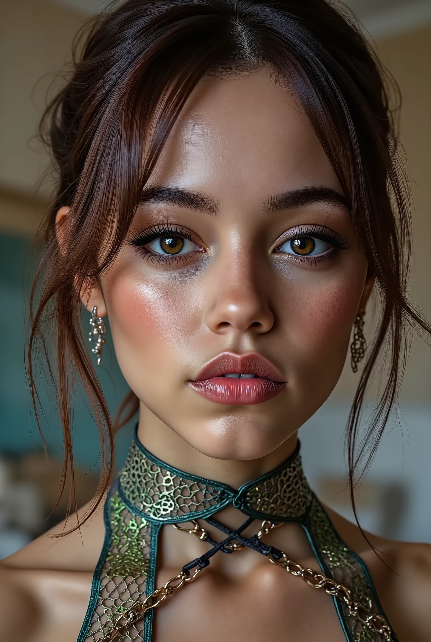  [Style: "masterpiece, realistic, (photo realistic Realism), ultra-detailed, Hyper high resolution"](Key Directive: - ("The priority is the anatomical accuracy and texture of the materials" - "Ultra-sharp human eyes with biological accuracy") { "Eyes: (acid-resistant terminology) (macro-details:1 . 5): * Moist corneal surface (visible aqueous layer:1 . 2) * Hyper-detailed iris stroma ((brown) with gold flecks) * Precise limbal ring (slightly darker pigmentation:1 . 22) * Pupil micro-texture (irregular edge authenticity:0 . 9) * Vasculature in sclera (subtle red veins radiating from limbus)" - "Lashes: blue individual synthetic fibers (crosshatched roots:1 . 2 , clump-free separation)" Technical Specs: (Optics: - "Zeiss Otus85mm f/1 . 4 lens (eye refraction calculations:1 . 3)" - "Shutter Speed:1/500 (freeze eye micro-movements)" - "Focus Stacking:7-point coverage on iris plane") (Post-Processing: - "Frequency separation for skin vs eye details" - "Selective sharpening: eyes200% , hair80%" - "Denoise: luminance20 , color35 (retain corneal speculars)") (Avoid: "pupil distortion , uncanny valley asymmetry , plastic-like wetness") ((beautiful western model:1.8)),(photorealism: 1.4),( hot girl brown skin),(complex and realistic skin texture:1.4), {"dynamic rear side pose,portrait view, 18yo, very skinny,Honeycomb latex outfit, ((latex top, bra:1.4)), blue green latex harness choker intricated ,complex thin laces stomach harness, tied up, arms tattoo, latex brace(sculpted six pack abs:1.2),micro skirt, garters,flat chest,angelic cute face,white teeth, perfect beauty, perfect eyes render, long eyelashes, neon pink lips, oiled skin,psychedelic background,voronoi backround, hyper realistic and detailed face. no blur sharp focus on all body"}