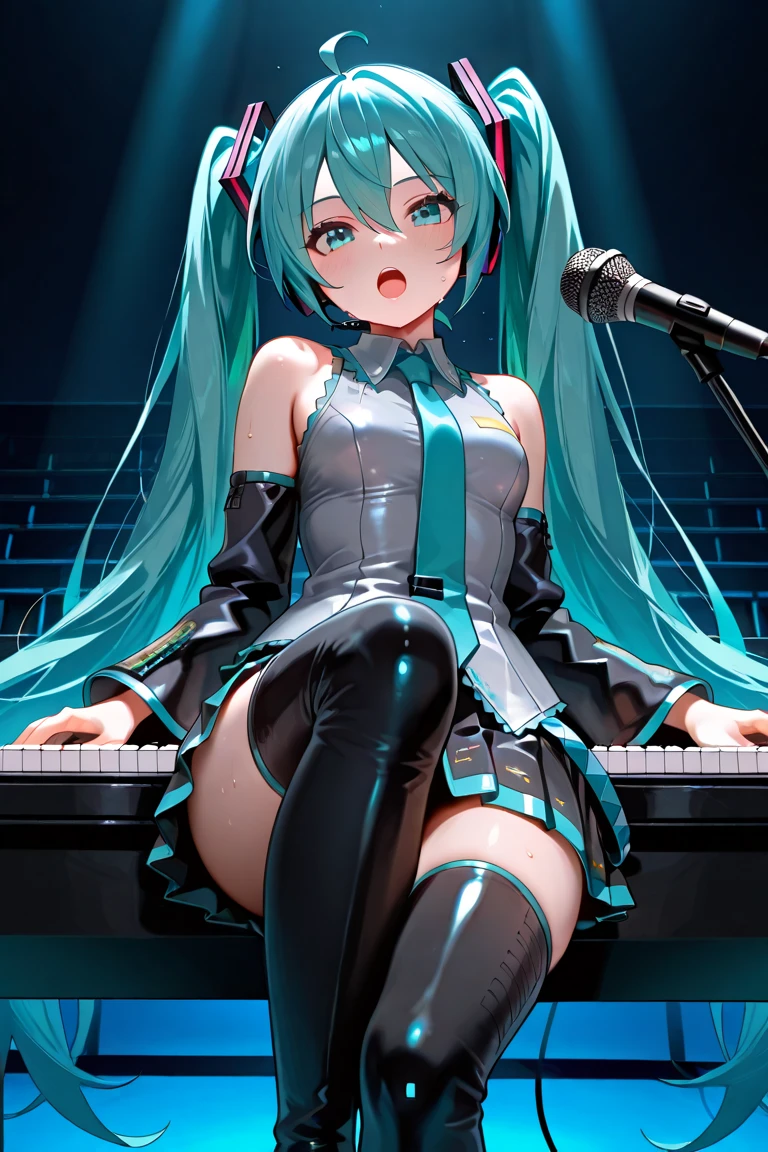 ( Absurd , high quality , Super detailed, Watch your hands,Pay attention to the shape of your legs )One girl,Hatsune Miku,The physique is thin,Small breasts,The outfit is a reverse bunny outfit,Wearing a collar,Spread your legs,Spread your legs,The location is on the stage,Sit on a desk,Crying face,The complexion is red