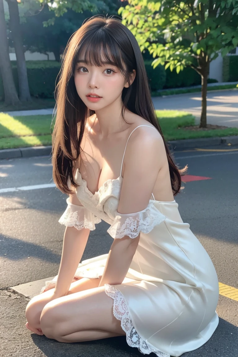 (8k、born、Professional、Highest quality、masterpiece:1.2)、(Genuine、Realistic:1.37)、Very detailed、(Portrait of a Woman No. 1)、(expensiveest Detail Skin:1.2)、(expensiveest detail face:1.2)、1 Female、1、Black Hair、Long Hair、expensive 、pink silk camisole、The wind blew up her pleated miniskirt., Revealing white lace panties.)、Sunset sky、The cityscape at dusk can be seen in the distance、Golden Hour