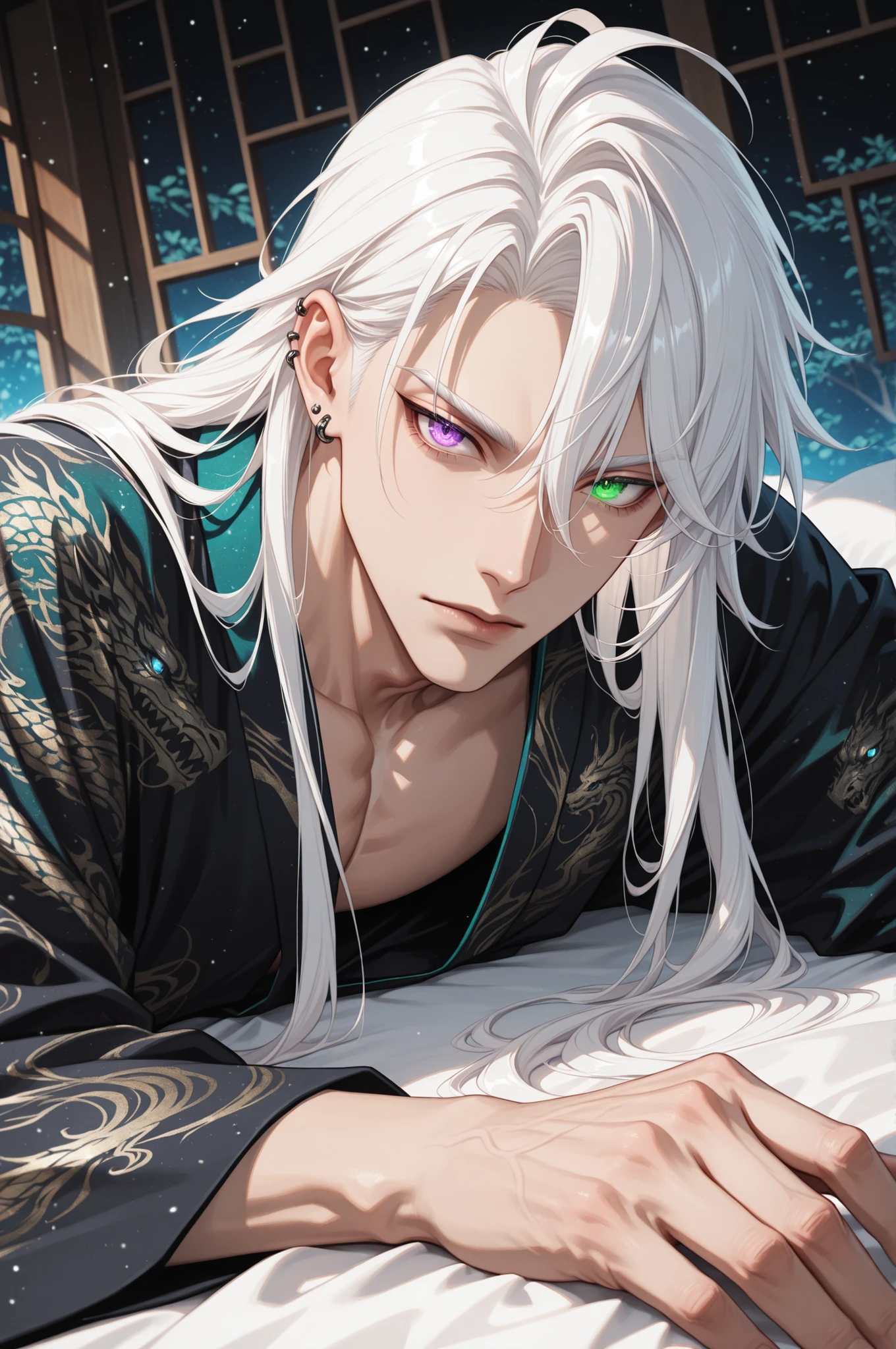 male, handsome, tall, finely detailed purple and green heterochromia eyes and detailed face, puffy lips,, ((very long white hair)), more details, humanoid dragon-god, looking at the viewer, light skin, lying down on bed, detailed textures, (((male focus))), masculine, semi-realism, single character, black yukata, piercing,masterpiece, best quality, detailed, 8k unity wallpapers, ray tracing, illustration, colorful, cinematic shadow, extremely detailed background, fantasy character, dnd,bishounen,tsurime, detailed, intricate details, masterpiece, best quality, newest,