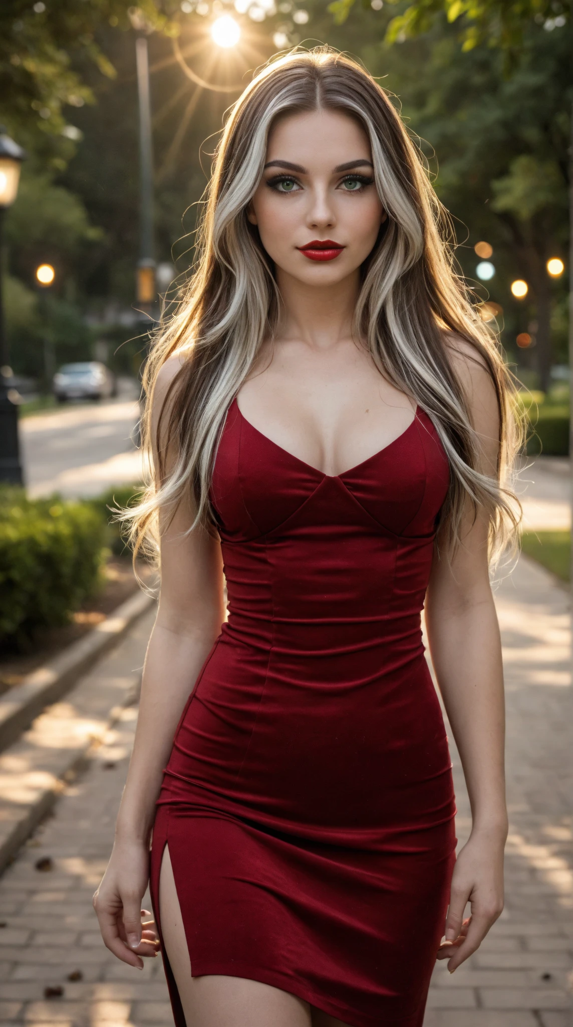 1girl 16 year old, solo, long hair, big breasts, looking at viewer, blonde hair, jewelry, full body, necklace, off shoulder, lips, realistic, nose, flirting with camera, sexy, realistic, high detail, 4k photo, high detail,, sexy perfect anatomy, perfect symmetry, soft lights, walking in a park, high details, photo quality, super real, red summer dress, hotorealistic, 35mm, intricate details, hdr, intricate details, hyperdetailed, natural skin texture, hyperrealism, sharp,