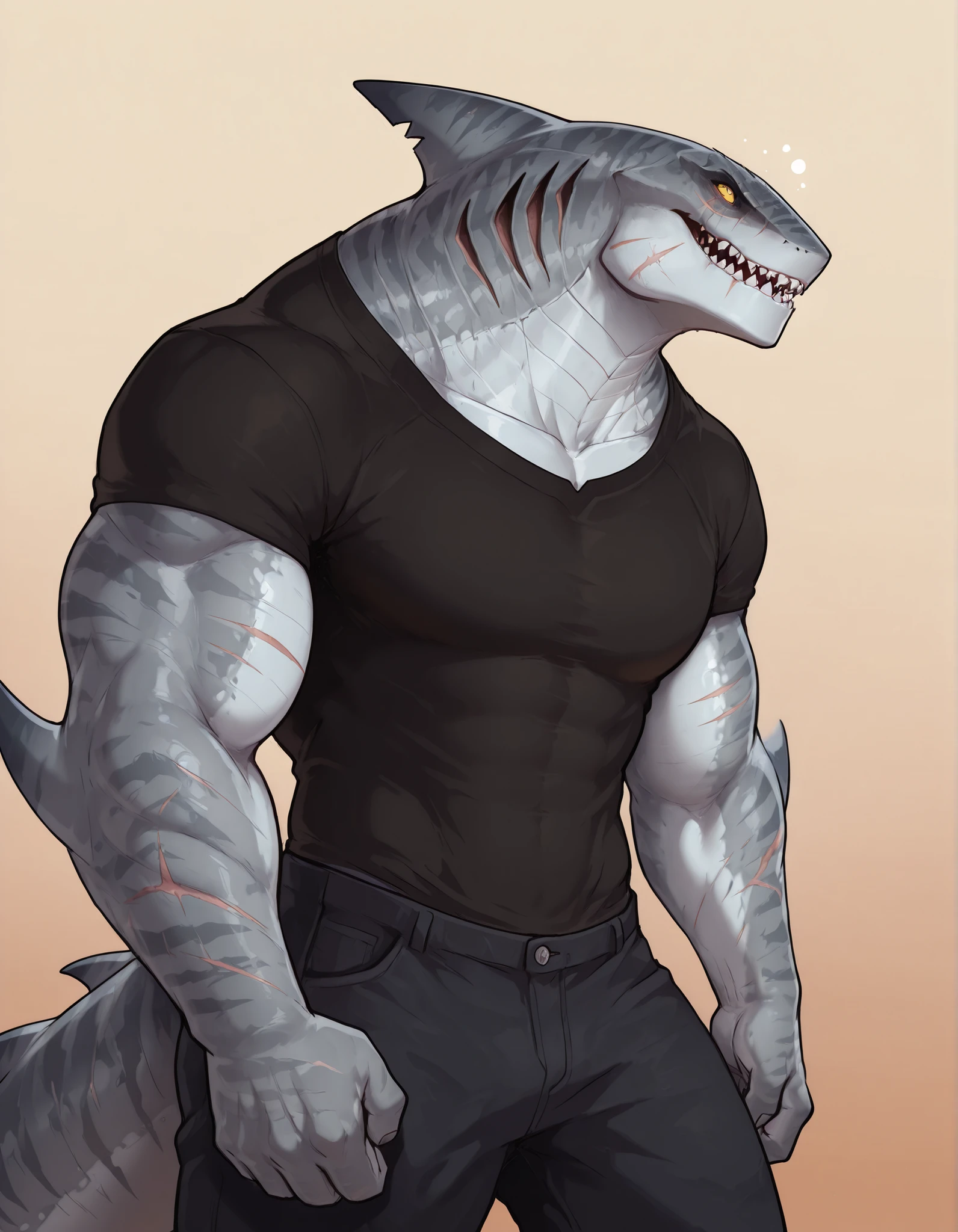masterpiece, best quality, amazing quality, very aesthetic, absurdres, newest, scenery, extreme detail, 8k, dnd cahracter, anthro shark, detailed eyes, yellow eyes, anthro, shark, male, scalie, anthro shark, anthro megalodon, bulky, strong hands with fins, black back, solo, detailed skin, scars, lizard shark hybrid, thick tail, hunter, strong, scalie torso, detailed muscles, wearing armless black shirt, digitigrade legs, one dorsal fin, proporcional body, wide , trapezoid body type, marked jaws, thick shark tail, masculine, thick scales on arms and legs, trapezoid body type, wearing pants, marked jaw, scars, pensive, tired, upper body focus, simple gradient background