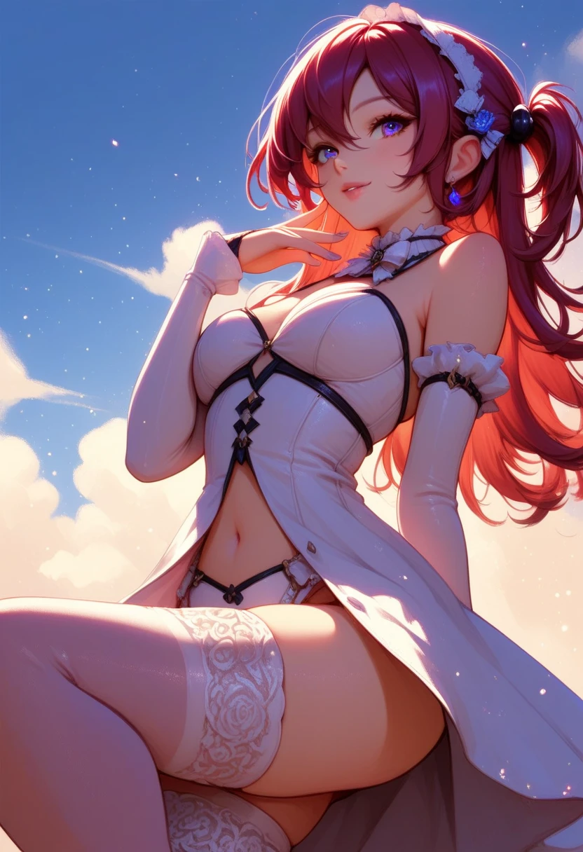 very cute devil and angel、12 year old girl(2 people)、(Breast size according to age)、standing position、full body shot、nipple shape)、not wearing panties、background starry sky、Red Moon、