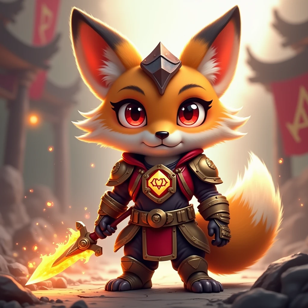 1young tiger, baby face tiger ,chibi, anthropomorphic, golden fur, big red eyes,warrior with one weapon, character 1:1, dynamique pose, simple dark background