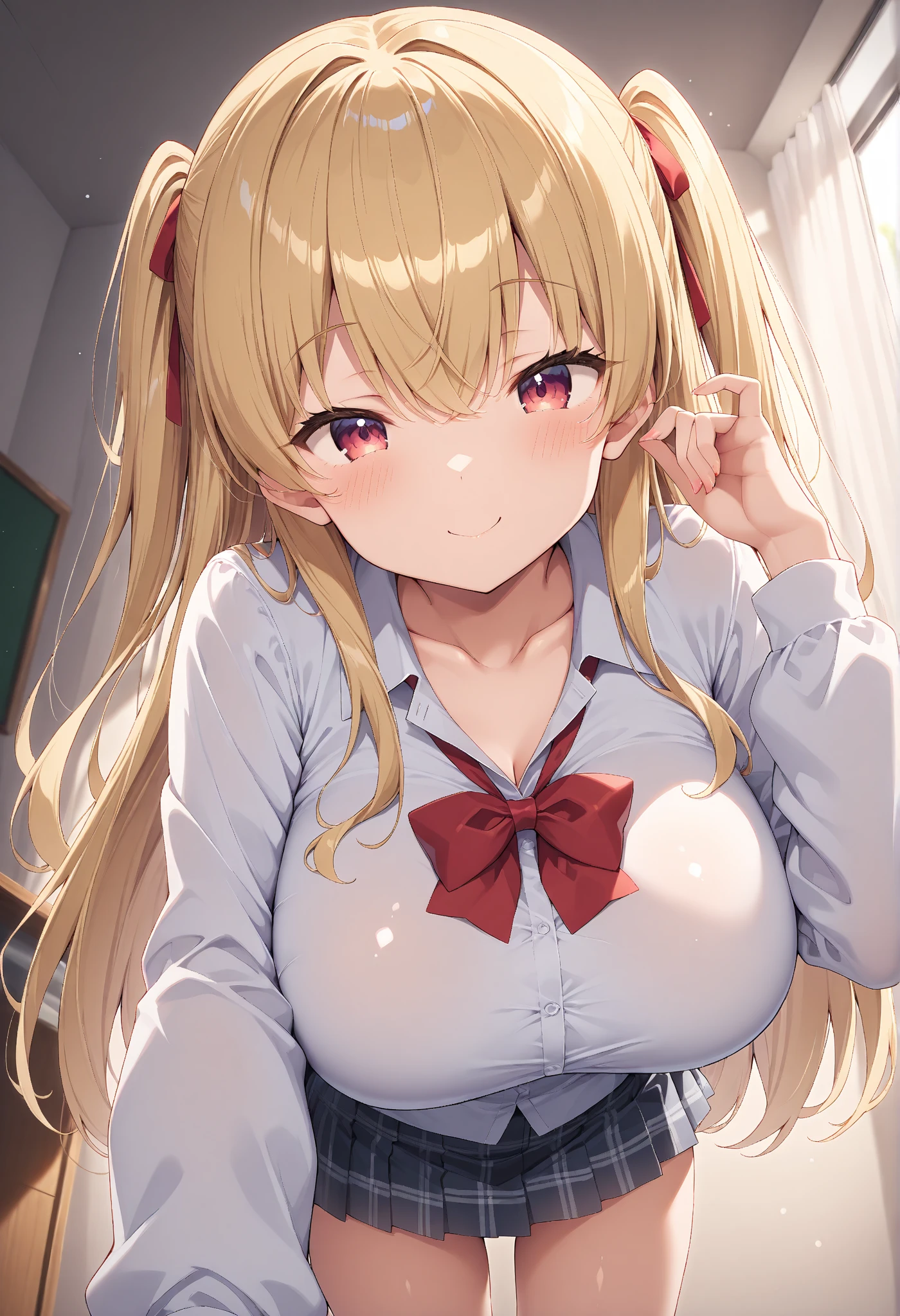 , (forehead), (sexy girl with sexy appearance and sexy pose dressed as a maid), (White background) yamada_yellow, 1chica , by rubio, alone, wide, hair ornament, , smile, bow, red eyes my dress darling anime, beautiful seductress anime 