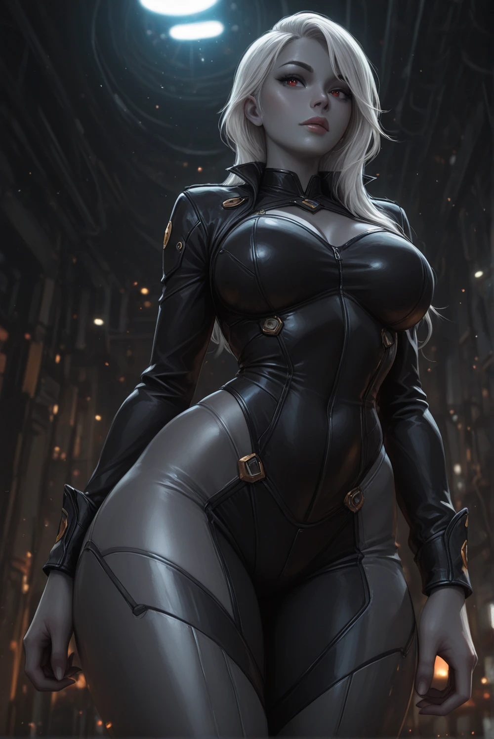 monochrome, partially colored, Comic art, medium shot of a sexy woman posing in front of space battle, flat colors, black line art, low camera angle, dynamic pose, looking confident, looking serious, looking off into distance, pointy ears, ponytail, huge breasts, black sclera, black eyes