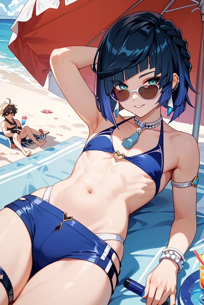 ((Top Quality)), ((Masterpiece)), ((Detail)), Perfect face, Perfact bodty, sitting on the beach, listening to music, wearing headphones, wearing swimsuits, swimsuits are transparent, legs open Sitting wide open, wearing tight clothing (yes, buttocks and breasts are exposed). I see a face