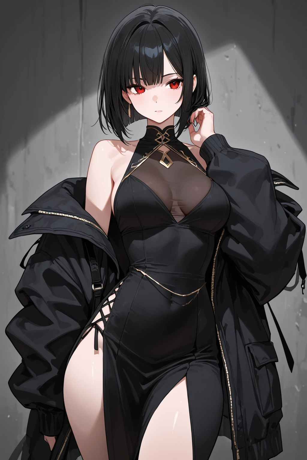 One girl, (Shapely body), (alone), 19 years old, High resolution, suit, 華 リューン stands in the semi-darkness of a ruined building surrounded by opponents. Her black robe clung tightly to her body., As if it were casting a shadow, The gold patterns on her mask glitter in the dim light.. sharp, In her hand shines an elegant blade..