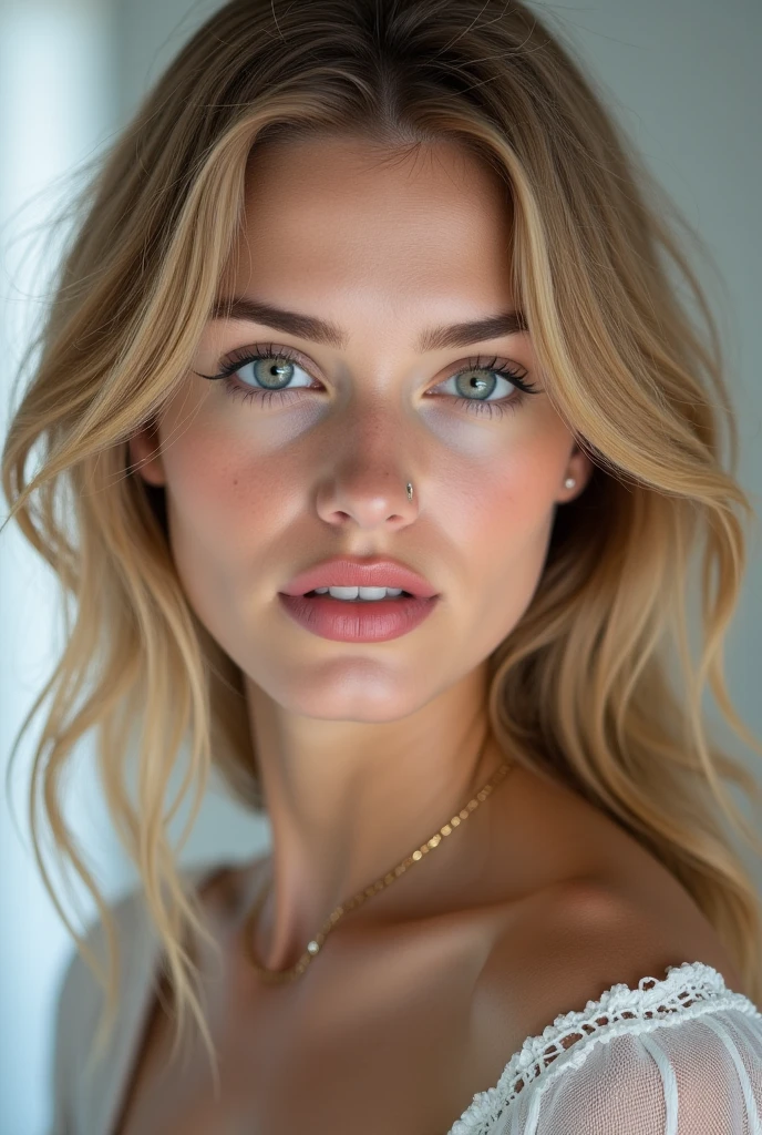 woman with matching tank top and ,  girl with blue eyes, portrait sophie mudd, portrait corinna kopf, blonde hair and large eyes, Selfie einer jungen Frau, Augen im Schlafzimmer, Violet Myers, ohne Make-up, Natural makeup, Blick direkt in die Kamera, Gesicht mit Artgram, dezentes Make-up, Stunning full body shot, im Schlafzimmer, Spaltung