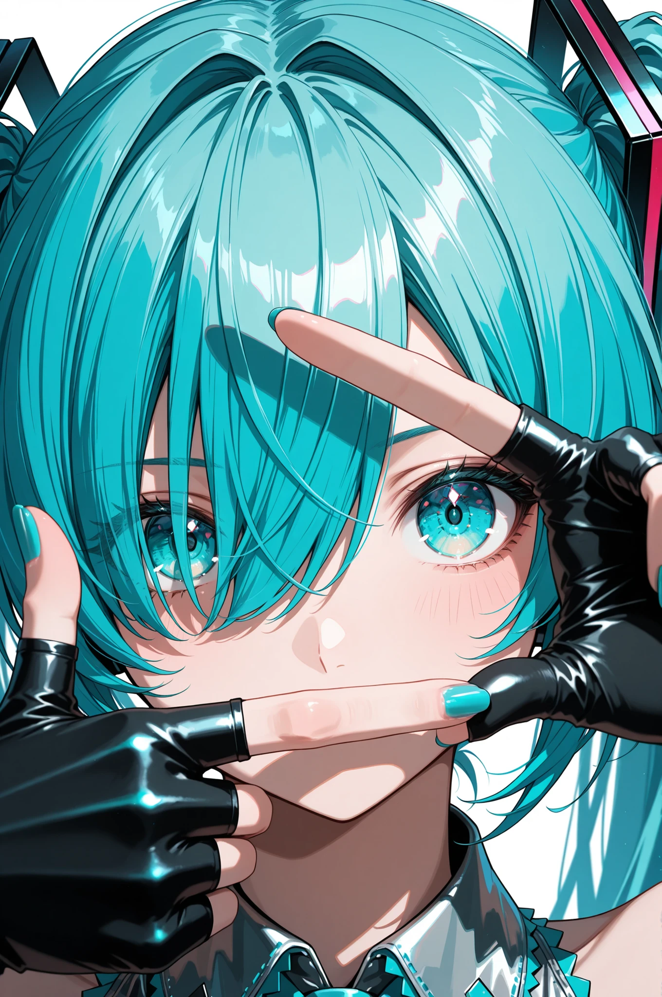 masterpiece,amazing quality, hatsune miku,1girl,solo,long hair,looking at viewer,blue eyes,gloves,twintails,blue hair,black gloves,fingerless gloves,nail polish,hair over one eye, aqua eyes,aqua hair,portrait,close-up,blue nails,one eye covered,covered mouth,chromatic aberration,symbol in eye,aqua nails,eye focus,finger frame,