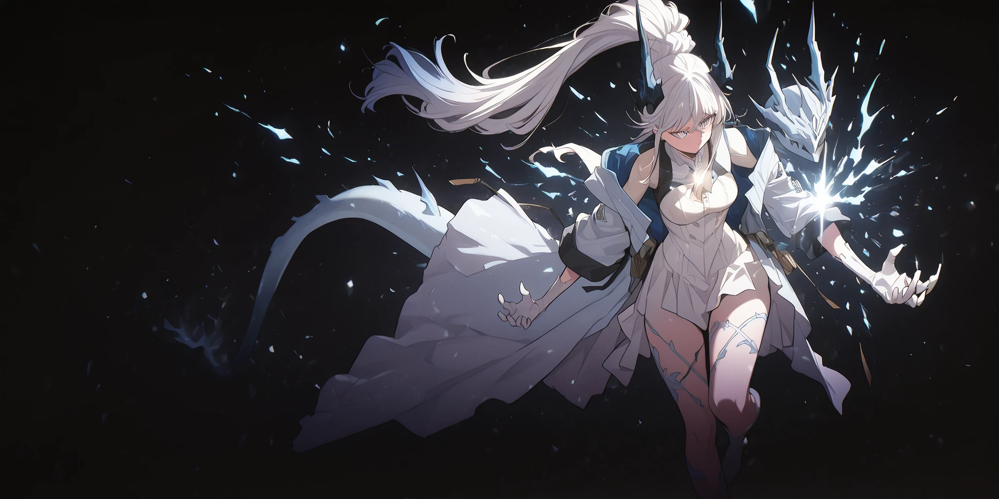 sozinho, 1 garota, cabelo de energia branca, hairstyle like Reed the Flame Shadow from arknights, preso em um longo rabo de cavalo, olhos cobertos por uma máscara prateada com o mesmo desenho da máscara da Rainha do Gelo de Return of the Frozen Player {x} olhos cobertos por uma máscara prateada com o mesmo design da máscara da Rainha do Gelo de Return of the Frozen Player, perfeitas, estudante, personagem jovem, Personagem curto, personagem 1.50 metros de altura, olhos cobertos por uma máscara prateada com o mesmo desenho da máscara da Rainha do Gelo de Return of the Frozen Player {x} olhos cobertos por uma máscara prateada com o mesmo design da máscara da Rainha do Gelo de Return of the Frozen Player, usando a máscara da Rainha do Gelo de Return of the Frozen Player, máscara escondendo os olhos, olhos completamente escondidos pela máscara, sem fenda para os olhos na máscara;
Mãos e braços brancos como energia, pés e pernas brancos like energy, mãos com garras, pés com garras, cauda de dragão, cauda branca, chama branca na ponta da cauda, chifres de Reed the Flame Shadow (Arknights Reed the Flame Shadow), Chifres longos e pretos, mãos e braços brancos, marcas brancas no corpo, pés e pernas brancos, garras nas mãos e pés, braços brancos, marcas brancas nos braços, ombros, e coxas;
Casaco de energia branca projetado por Reed de "arknights," casaco com medalhas militares douradas, vestido chinês preto longo e sexy com detalhes dourados, casaco caindo pelos braços, arms and ombros exposed, Encarando o espectador, cara a cara, fundo preto, pose sexy, bunda grande, seios médios, cintura fina, quadris largos, Personagem curto, A personagem é uma jovem garota;
pose sexy, olhando para o espectador, cara a cara, Confiança, expressão fofa, postura de ataque, usando a máscara da Rainha do Gelo do Jogador Congelado, usando a máscara da Rainha do Gelo de Return of the Frozen Player;
Preste atenção nas cores necessárias, resolução máxima, altura, e constituição de Terakomari Gandesblood de "The Vexation of a Shut-in Vampire Princess," personagem jovem, Personagem curto, personagem 1.50 metros de altura