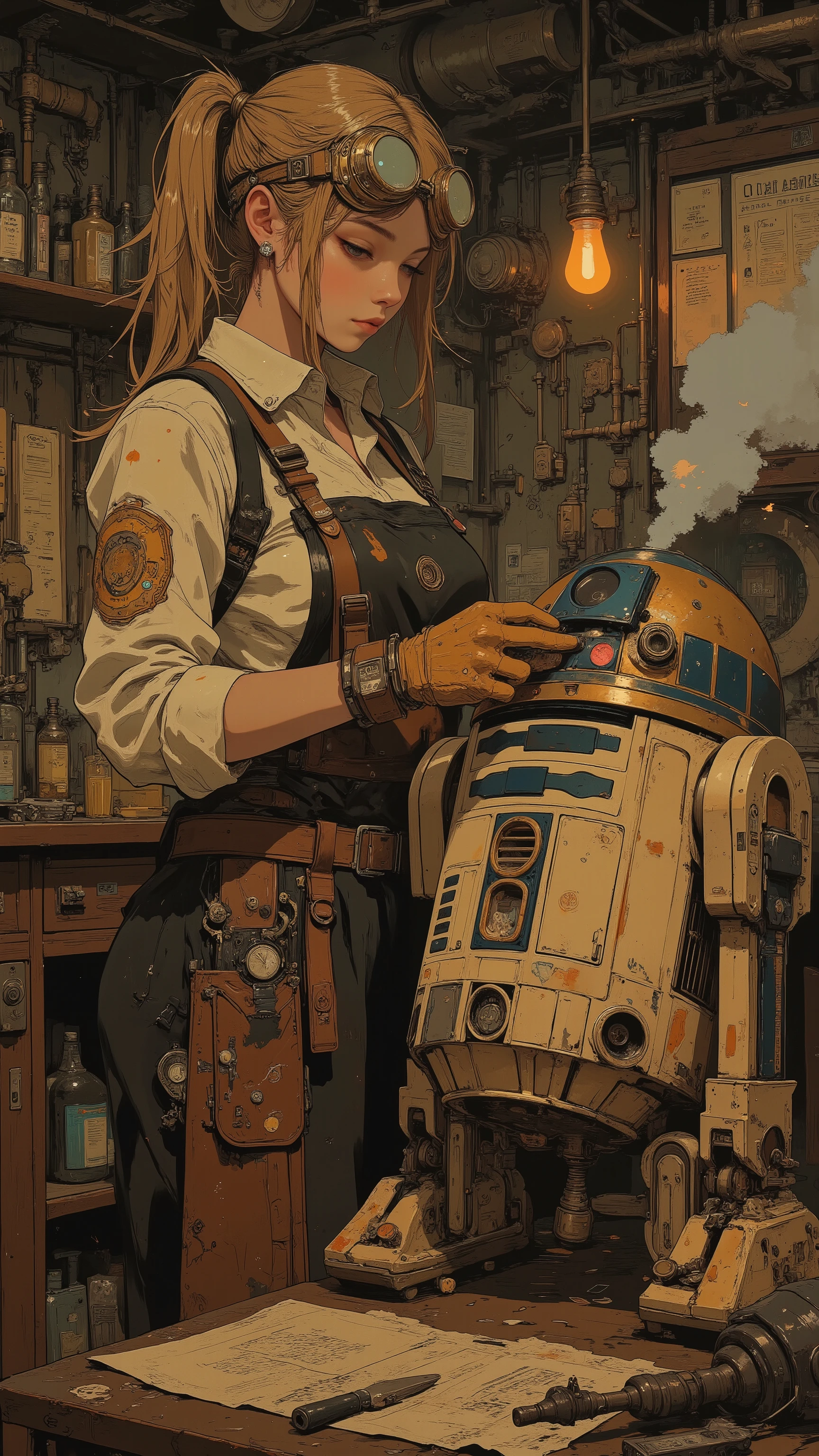 mechanic girl,steampunk style work clothes,wearing brass goggles,gloves,
brawn apron,Long golden Hair in a Ponytail,Mechanic,(Star Wars R2-D2),Star Wars R2-D2 repair work in progress,welding sparks scattering, holding tools, Home workshop,