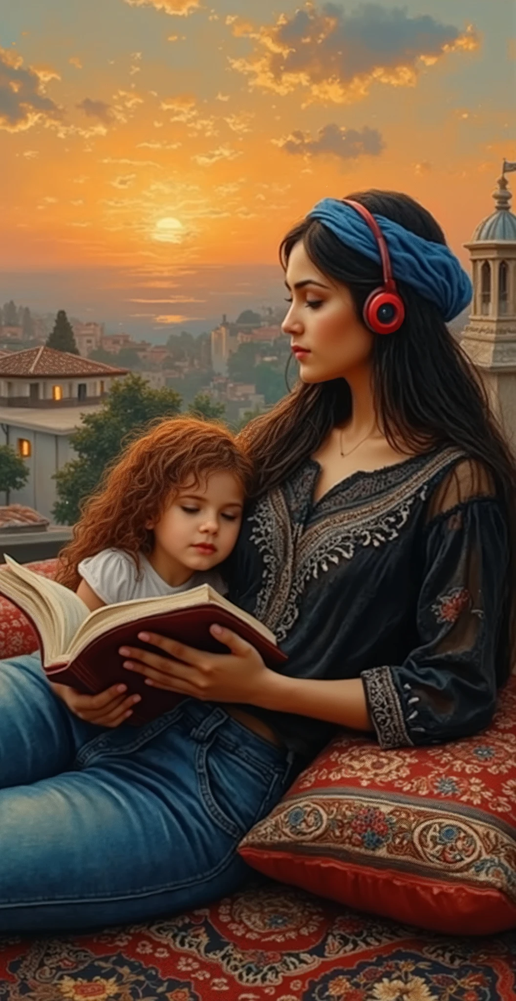 created a painting with oil painting with huge details , In the style of the artist Leonardo Davinci , In the era of the European renaissance ,  A fully detailed painting of an Arab woman lying on the roof of the house on an Arabic carpet, holding a book in her hand, reading a story to her little girl with curly red hair and looking half a smile at the sky during the sunset.. Decorated pillows surround her, her thick black hair has a blue turban on it. Her hair falls on her shoulders as if it is shiny silk .
The woman wears jeans, a black lace shirt decorated in white and red, red headphones and a black sock. She rests on an embroidered pillow. At the back, we see distant houses with their windows illuminated, a picture that seems cinematic, and the angle of view from the front 

